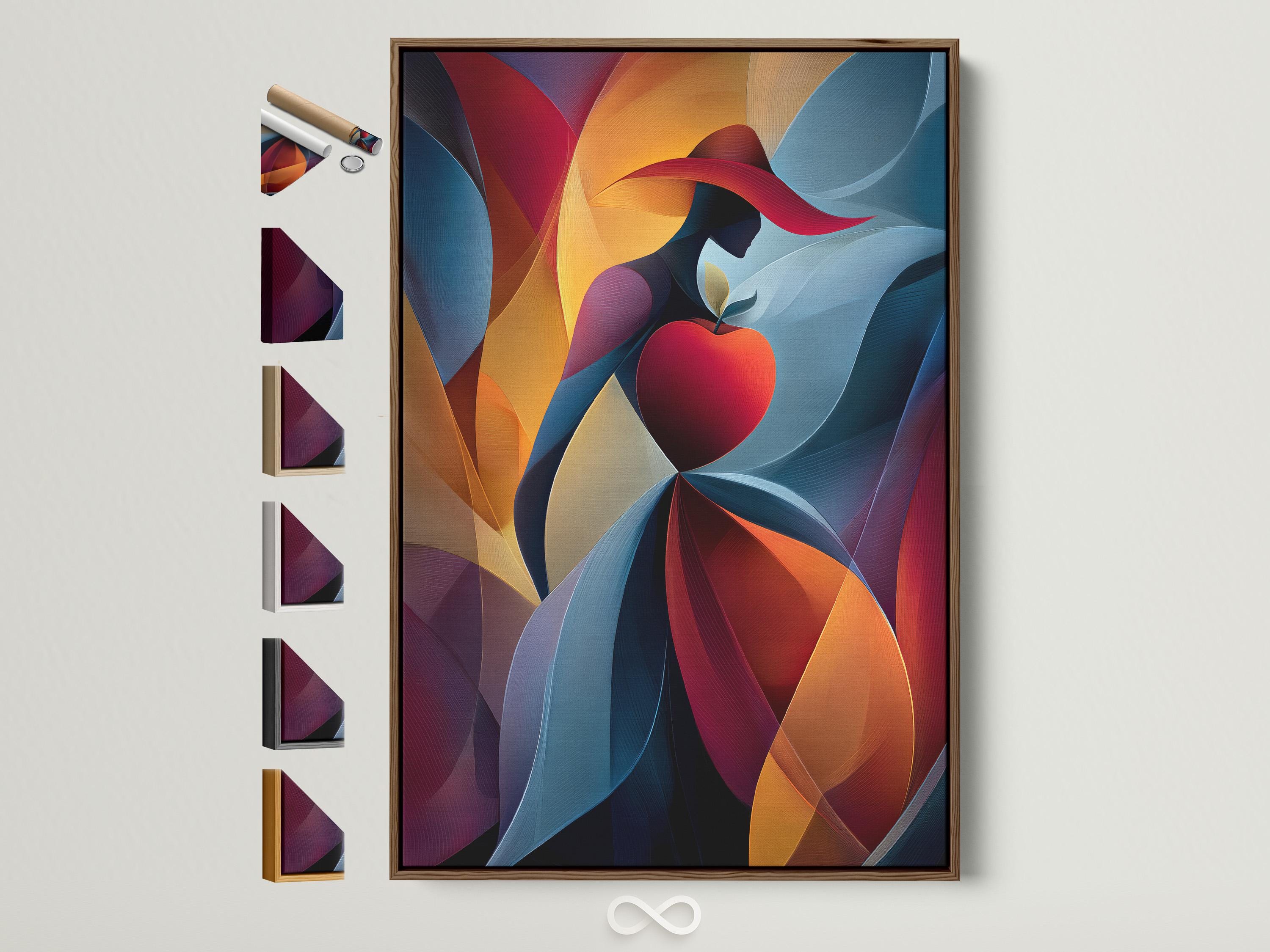 Abstract woman silhouette with a red heart, ribbon-like curves, and blue, red, gold colours