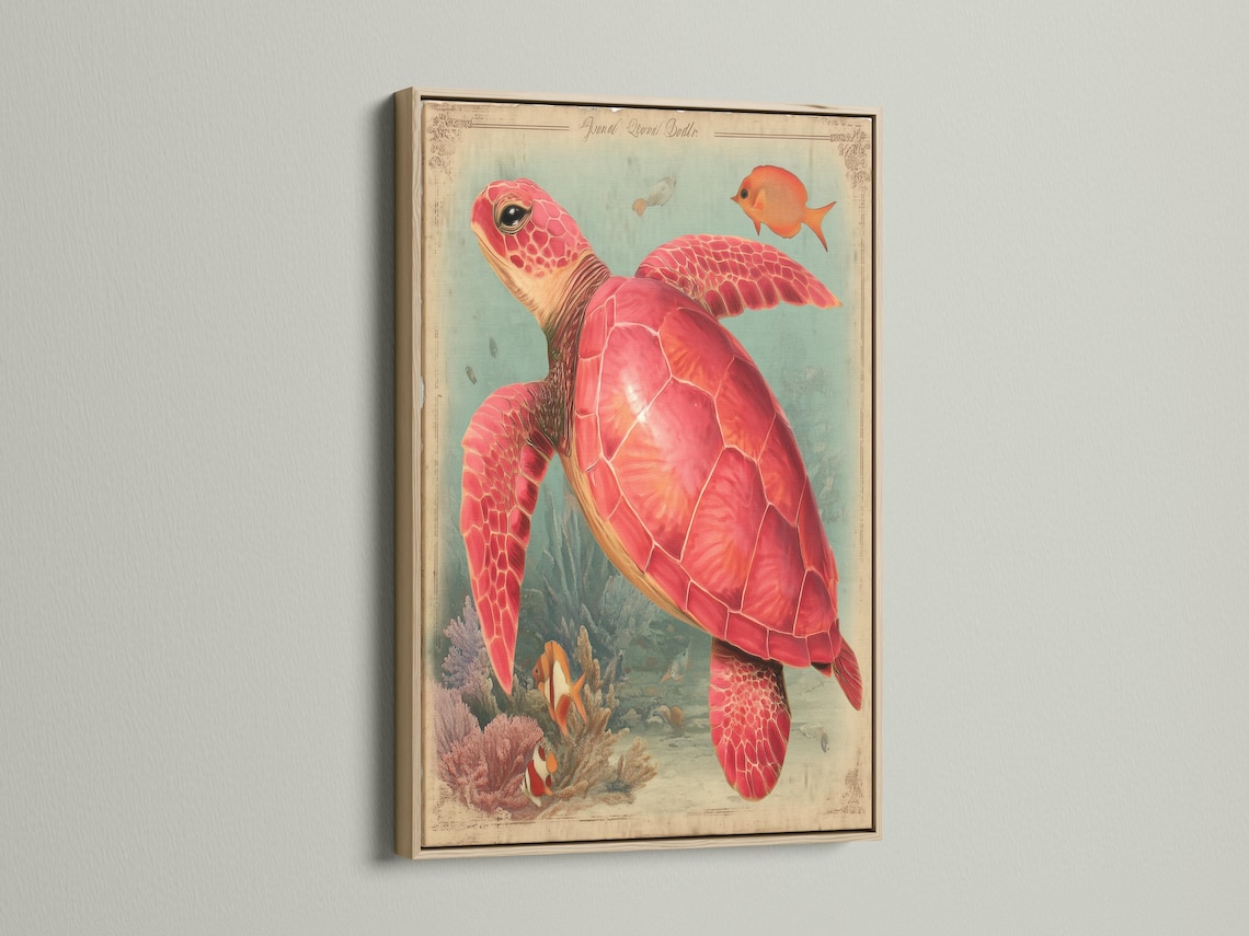 Red sea turtle swimming in a vintage coral reef scene with orange fish and teal ocean water detail view