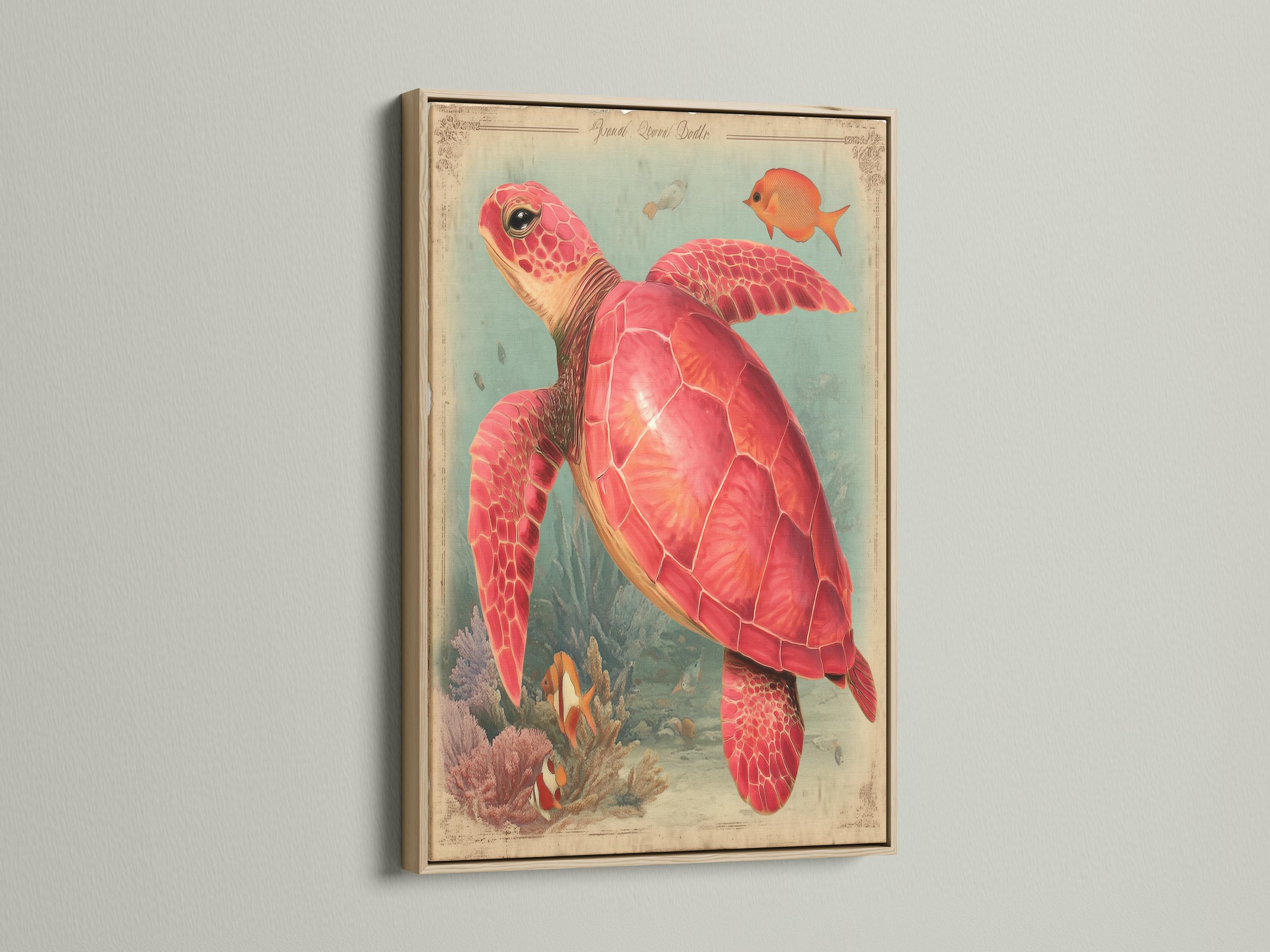 Red sea turtle swimming in a vintage coral reef scene with orange fish and teal ocean water detail view