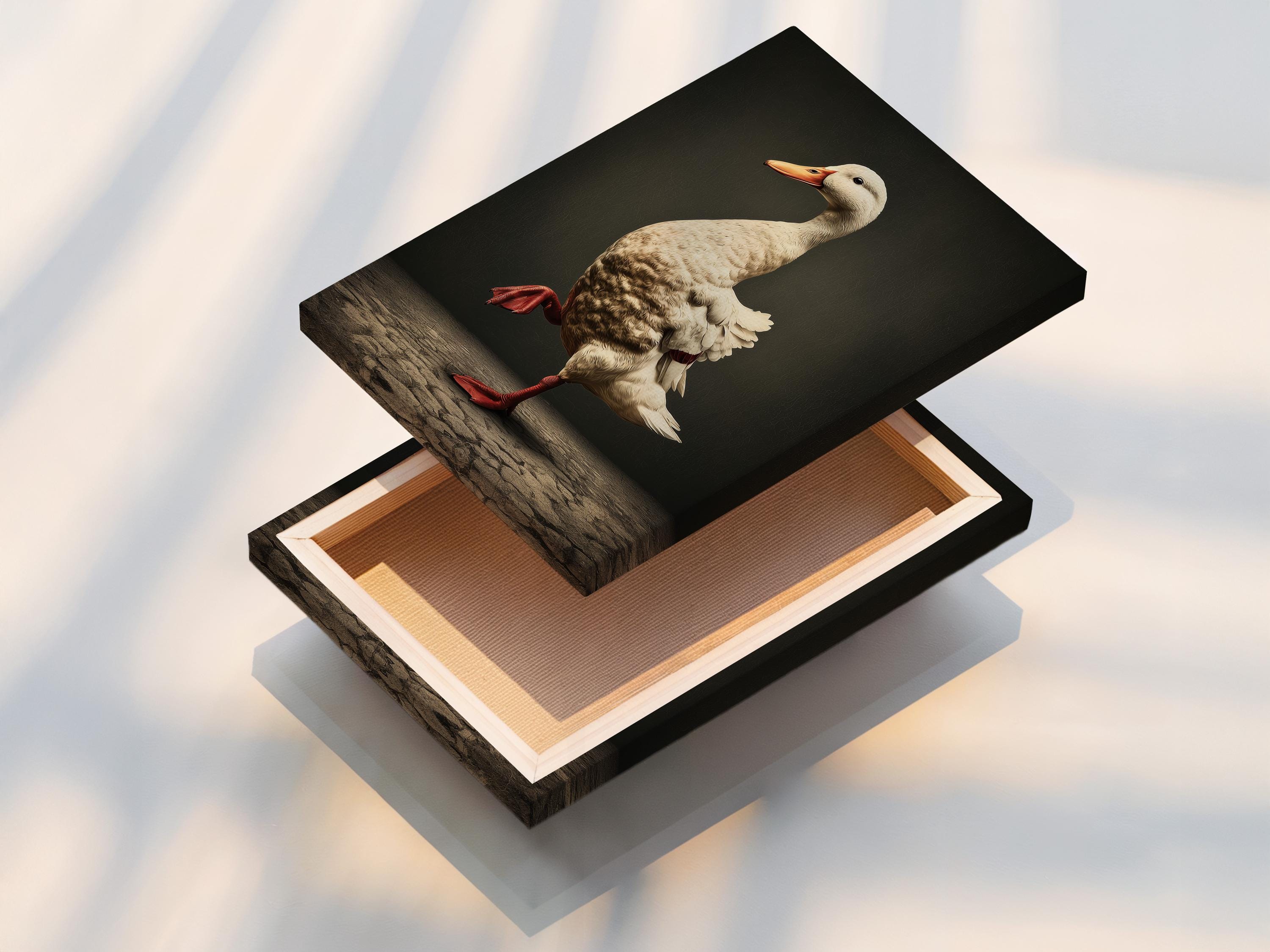 Vintage duck illustration in cream and rust red-orange standing on cobblestone-like ground against a dark background detail view