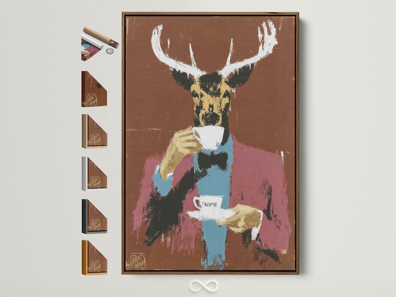 Stylised deer portrait with large antlers and a cup, in warm brown with teal and pink accents