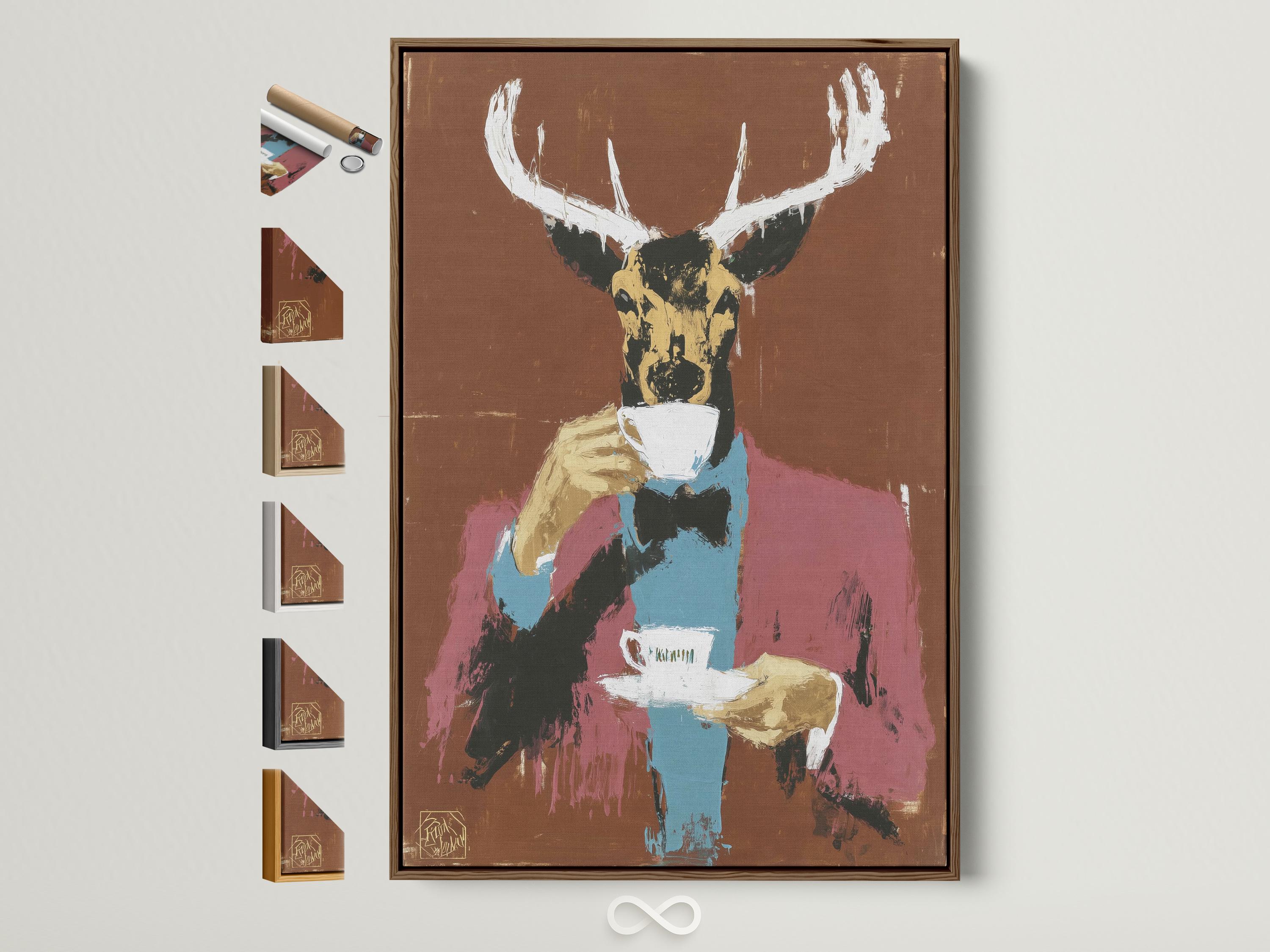 Stylised deer portrait with large antlers and a cup, in warm brown with teal and pink accents