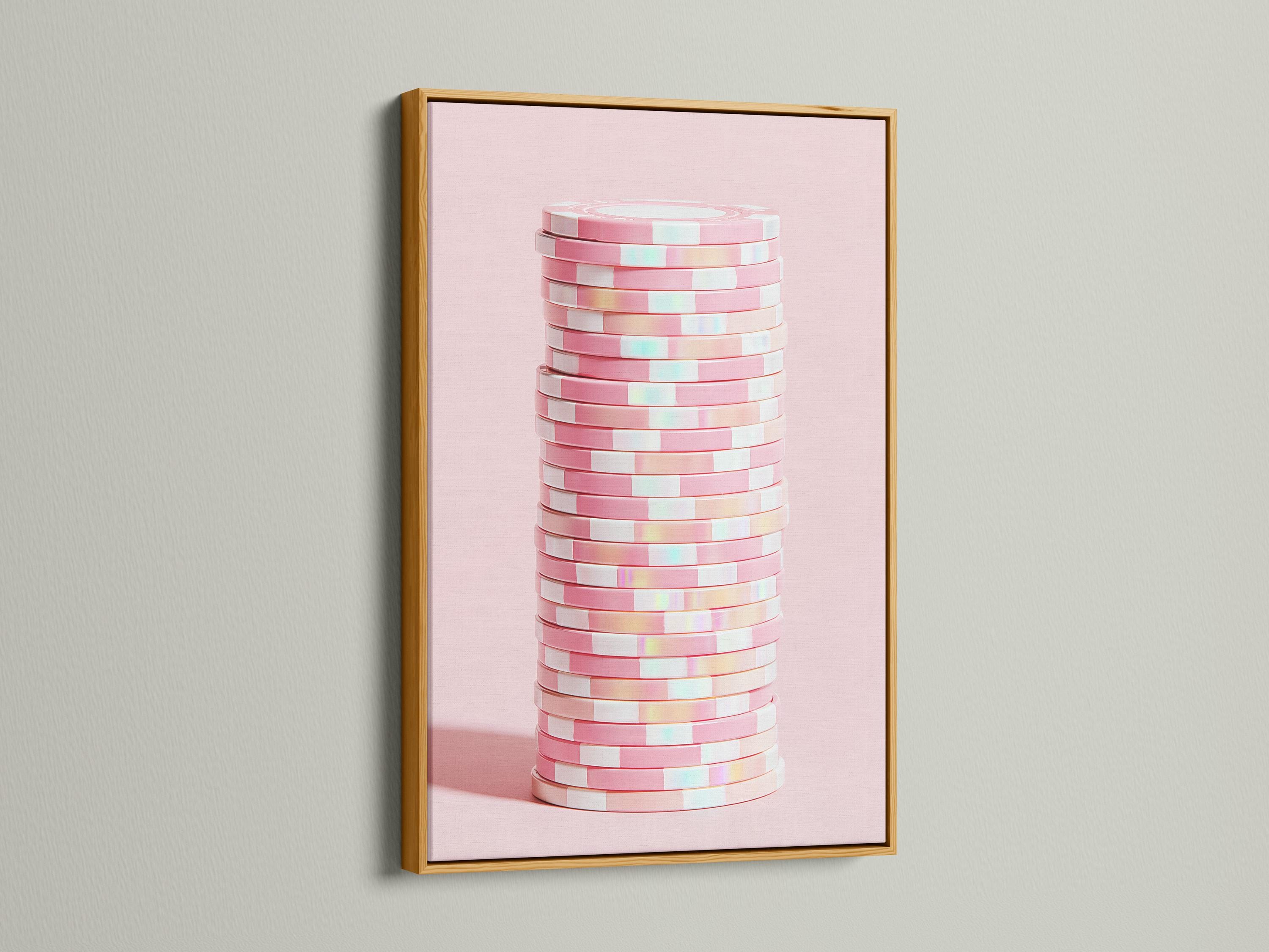 Pastel pink abstract artwork showing stacked disc shapes with subtle iridescent highlights detail view