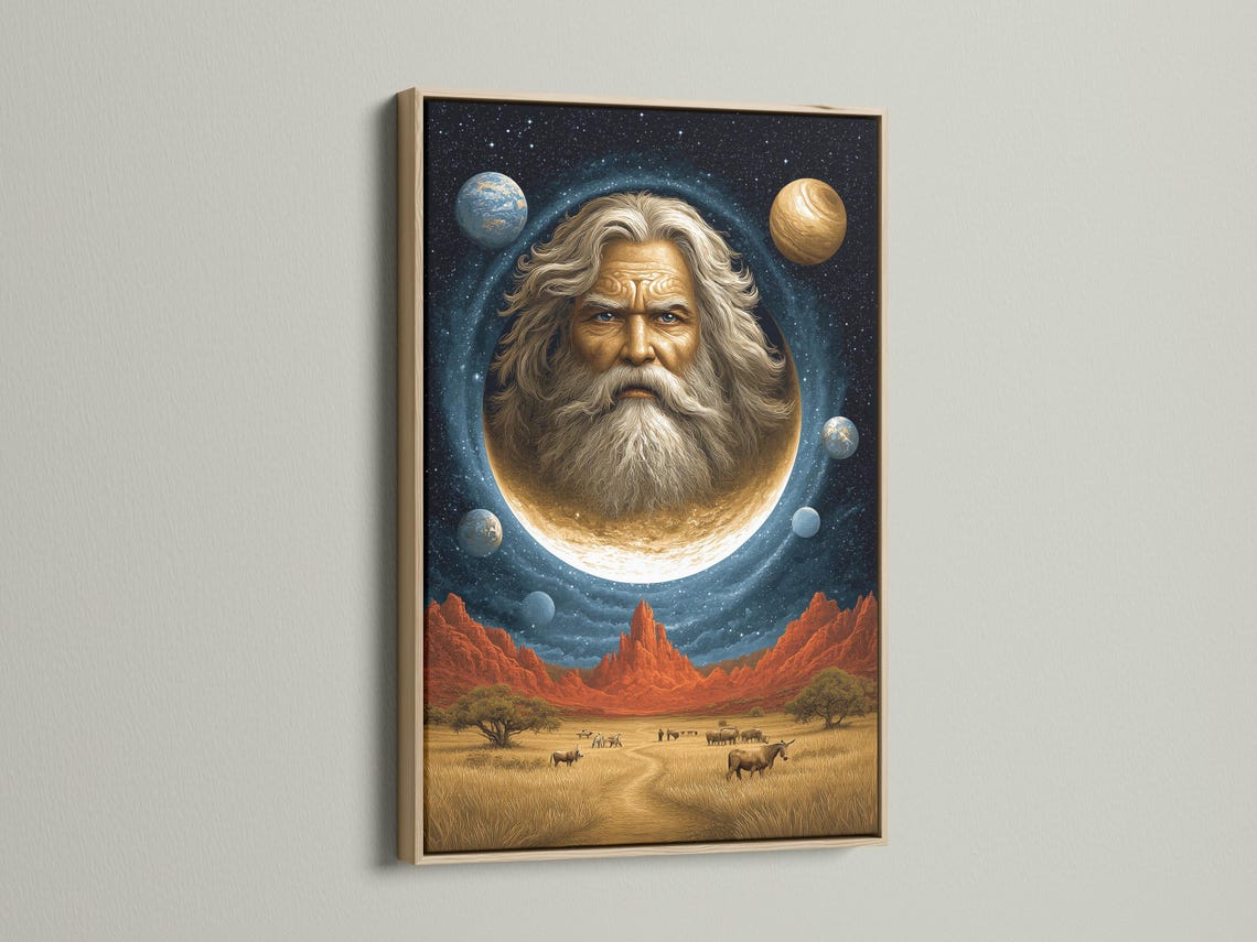 Room mockup showing a framed surreal celestial portrait with a glowing moon and desert landscape