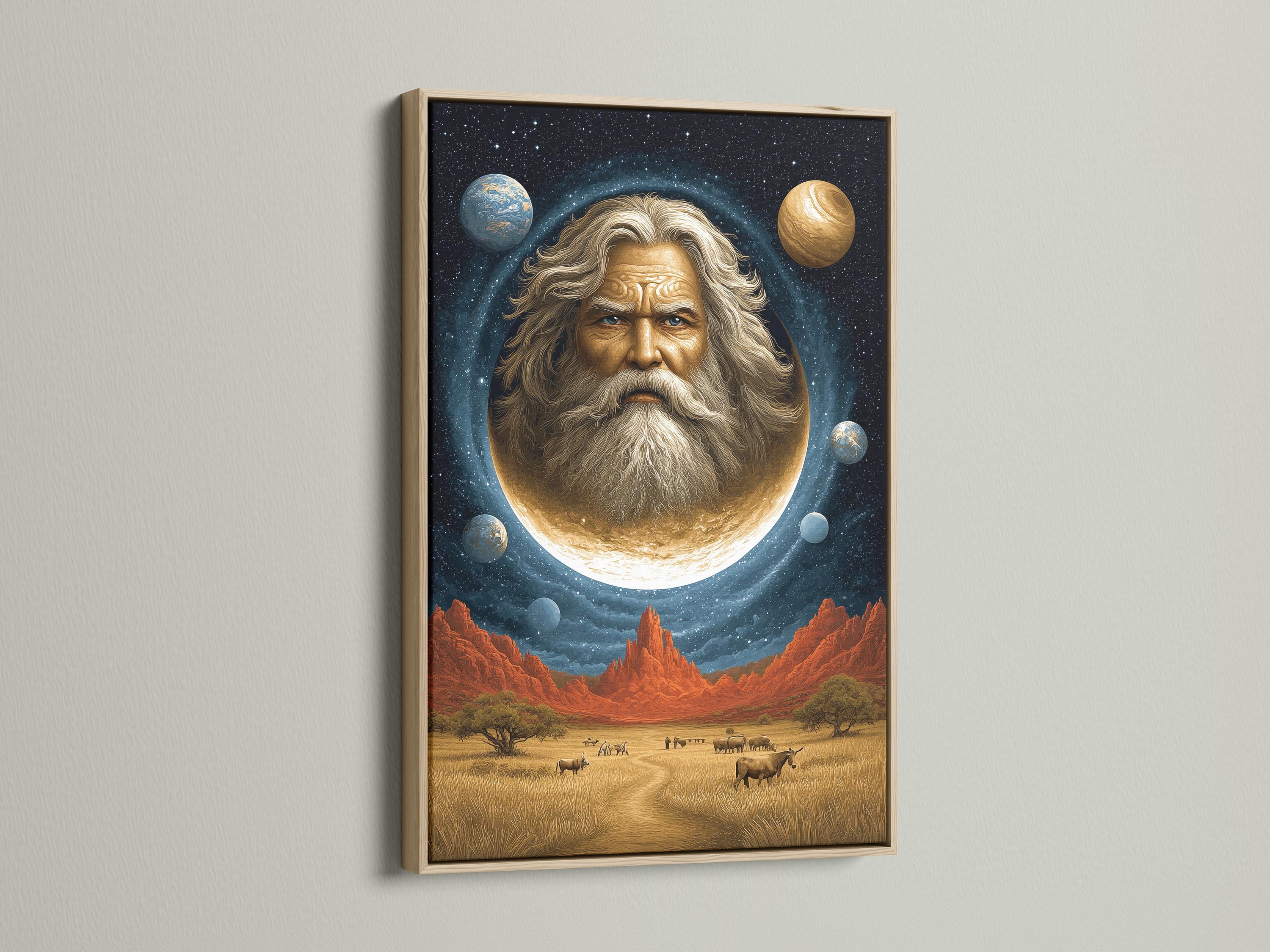 Room mockup showing a framed surreal celestial portrait with a glowing moon and desert landscape