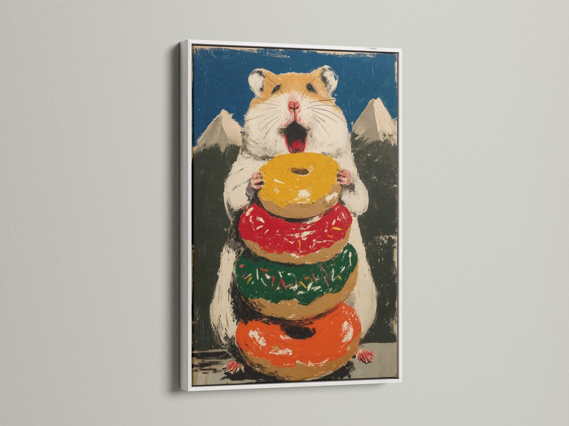 Painted hamster holding a large donut with red, green and gold accents detail view