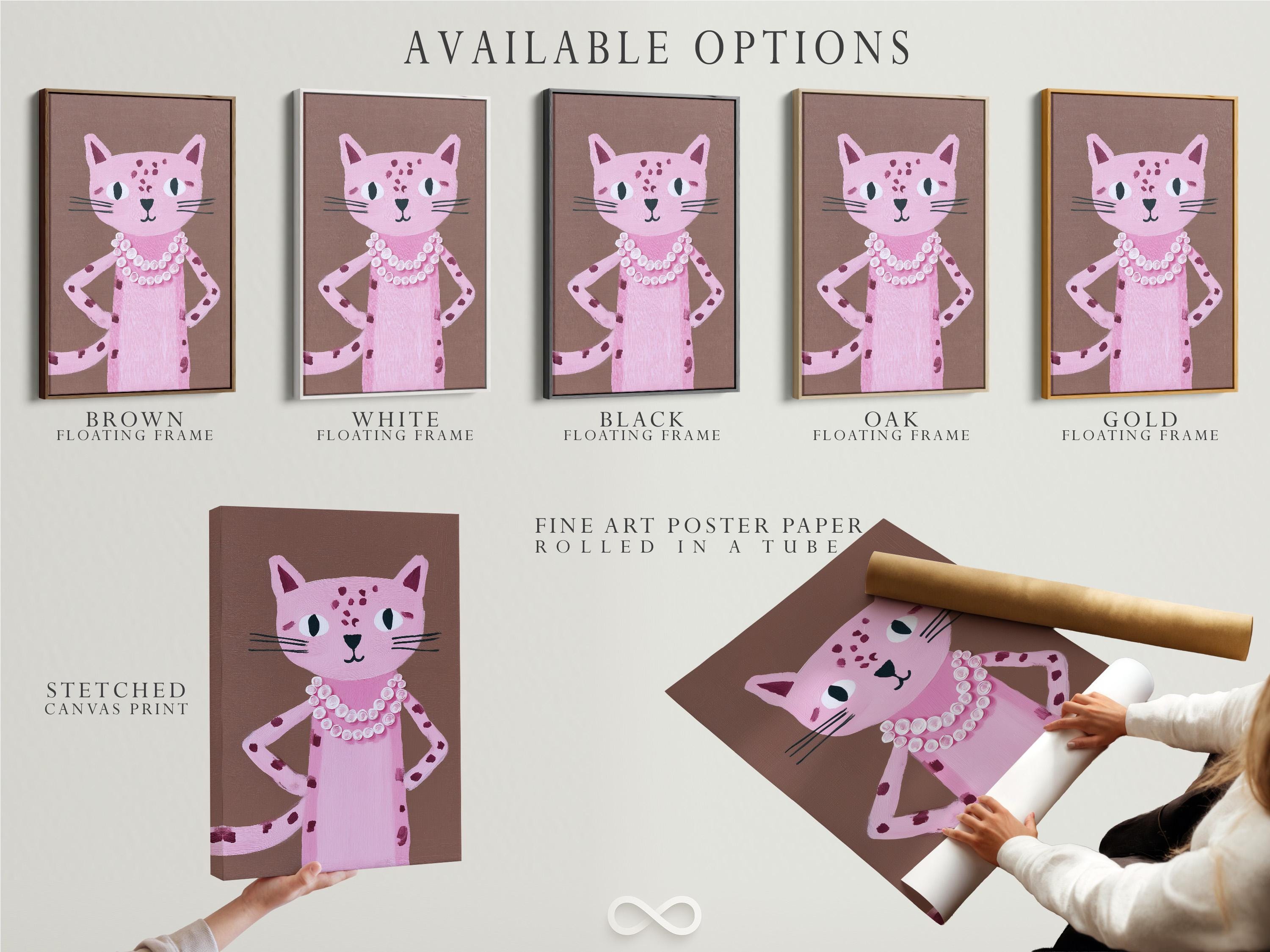 Portrait of a pink cat with large eyes and a white and pink rosette collar on a taupe background detail view