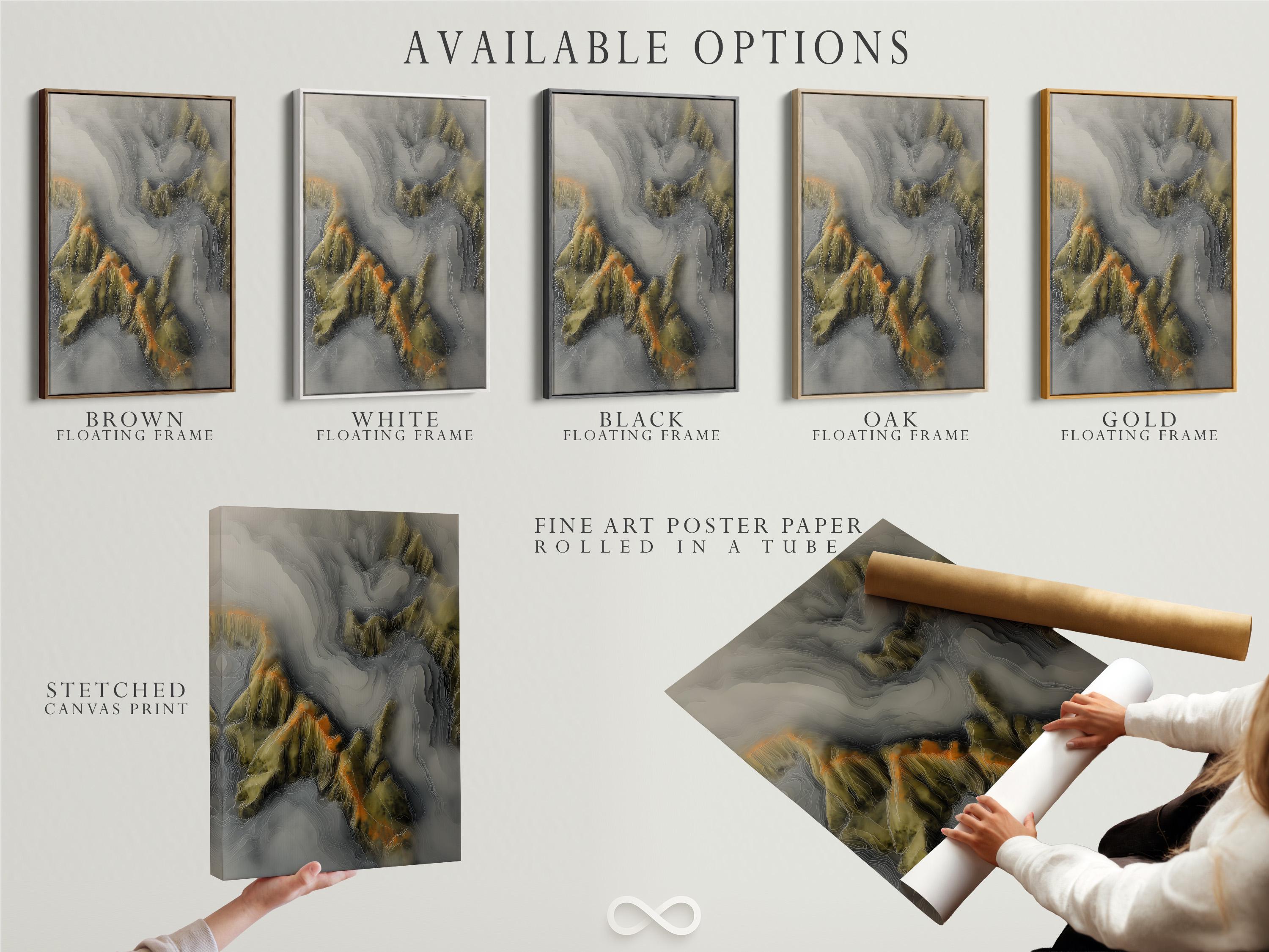 Portrait framed abstract mountainscape artwork in grey and olive green with warm amber accents