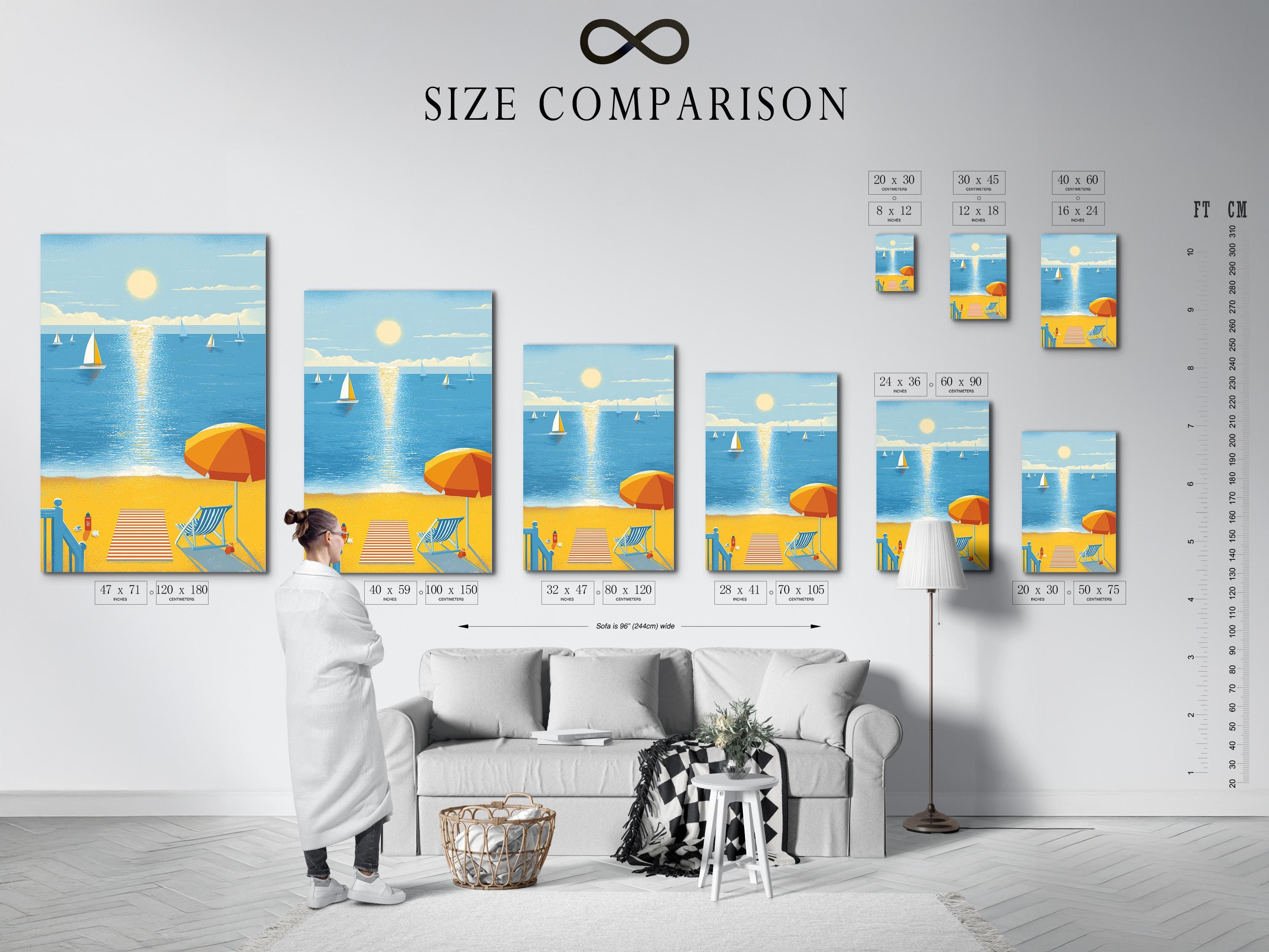 Illustrated beach and ocean scene with sailboats, a glowing sun, and an orange umbrella on sandy shore detail view