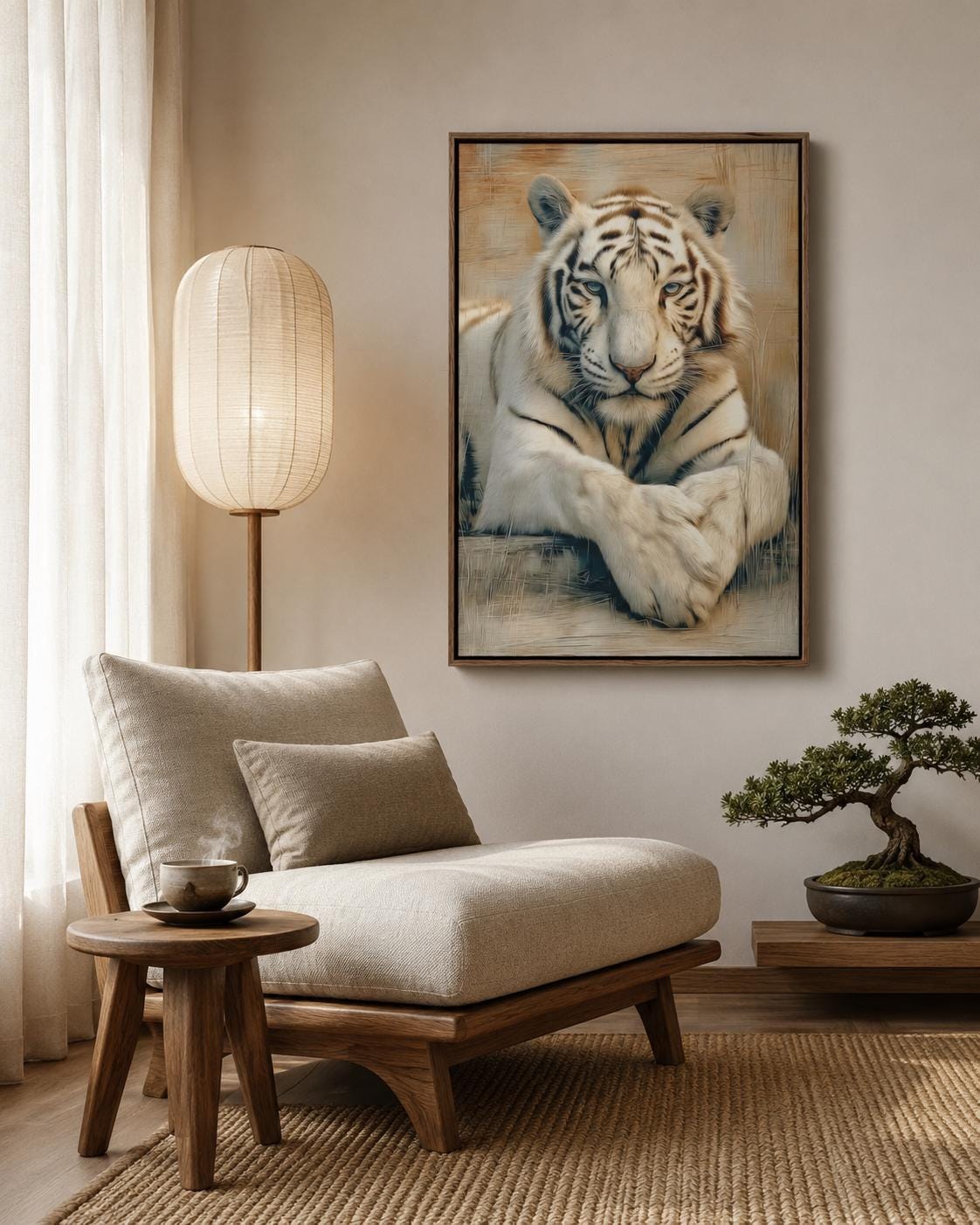 Office mockup with a tiger portrait artwork on the wall