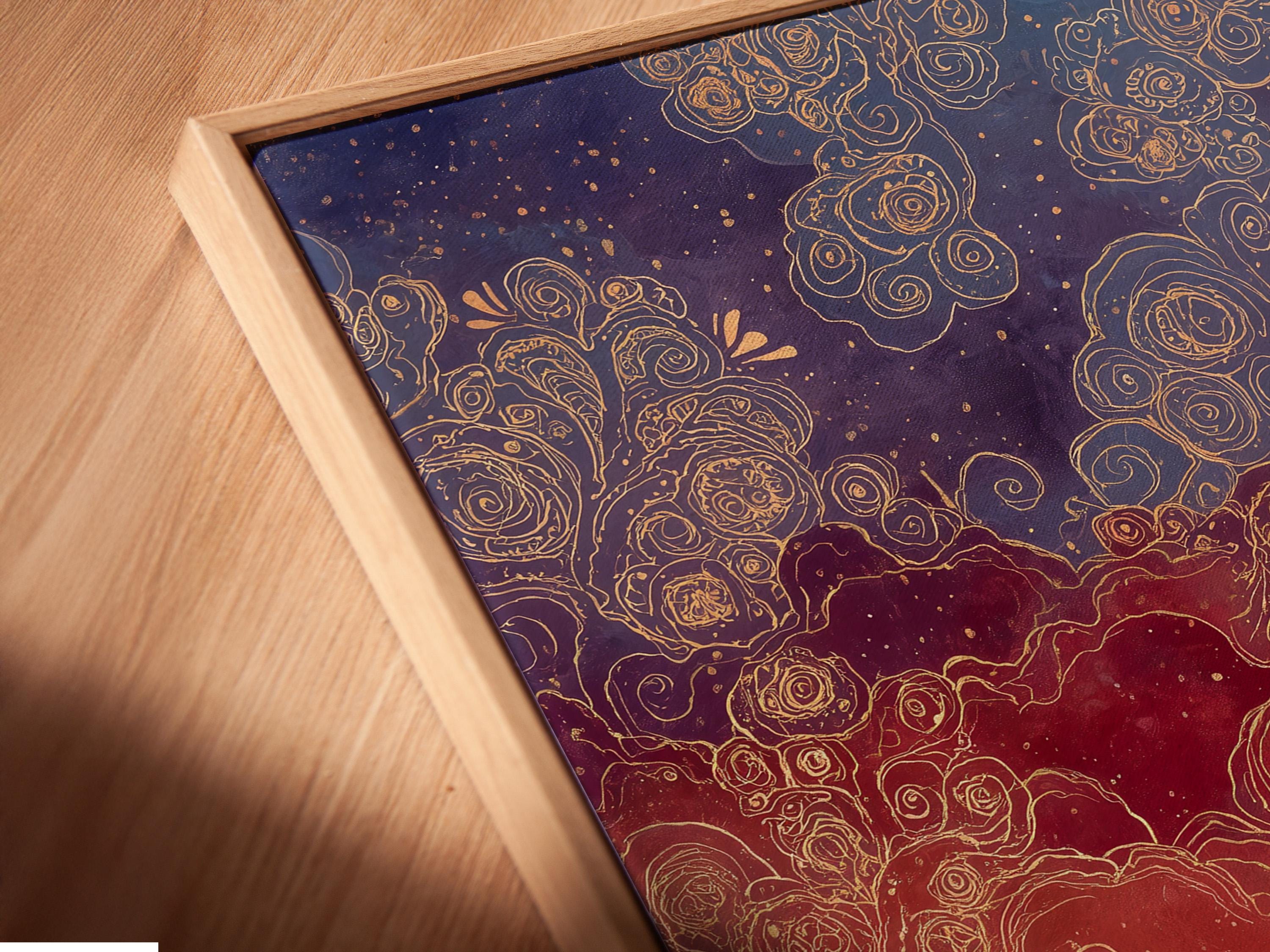 Stylised sunset seascape with teal waves, a sandy beach, a dark boat, and swirling gold rose linework in the purple sky detail view