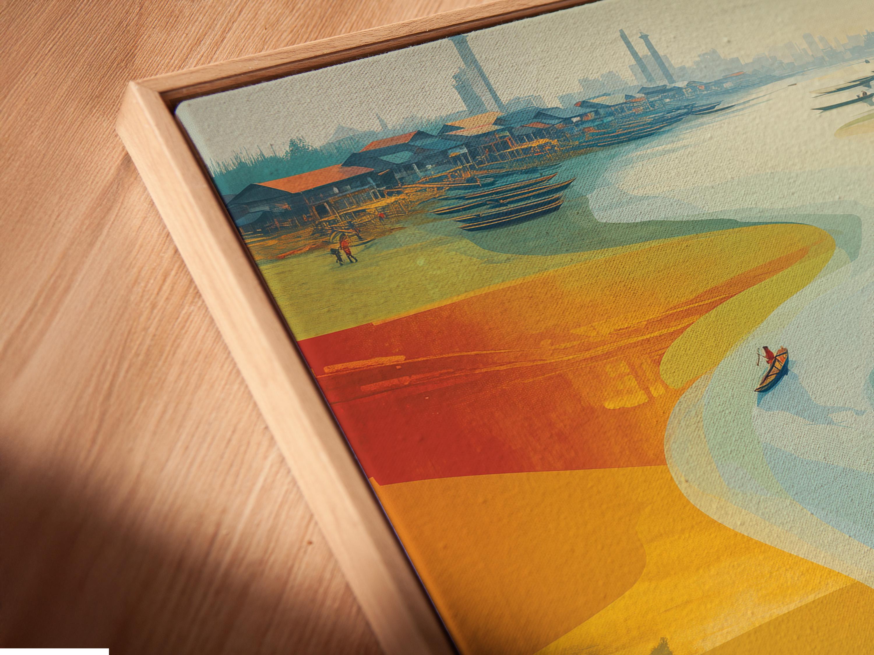 Abstract river landscape with a small boat and distant skyline, shown in blue, teal, and warm orange tones detail view