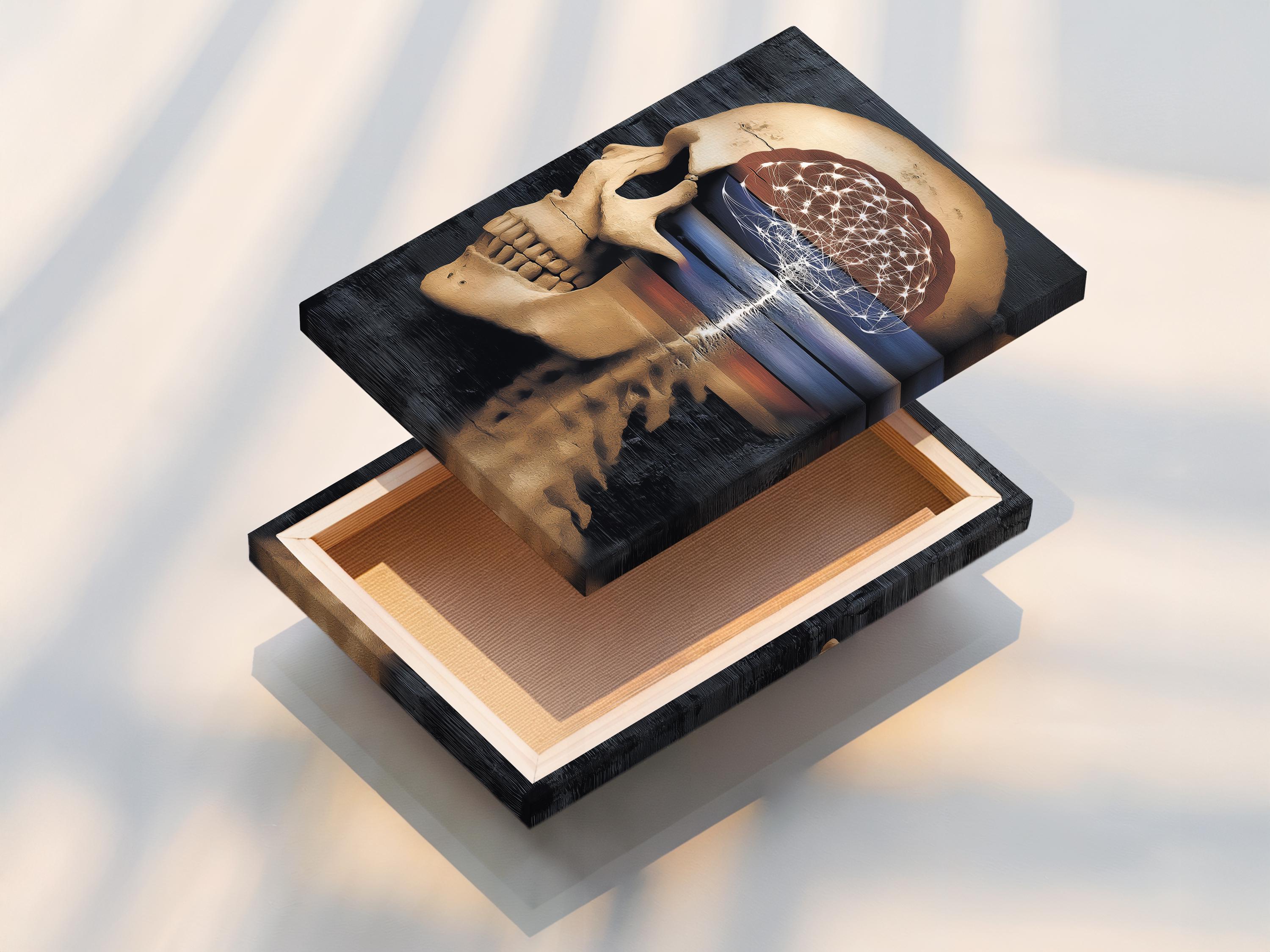 Wall mockup showing anatomical skull artwork with glowing neural lines