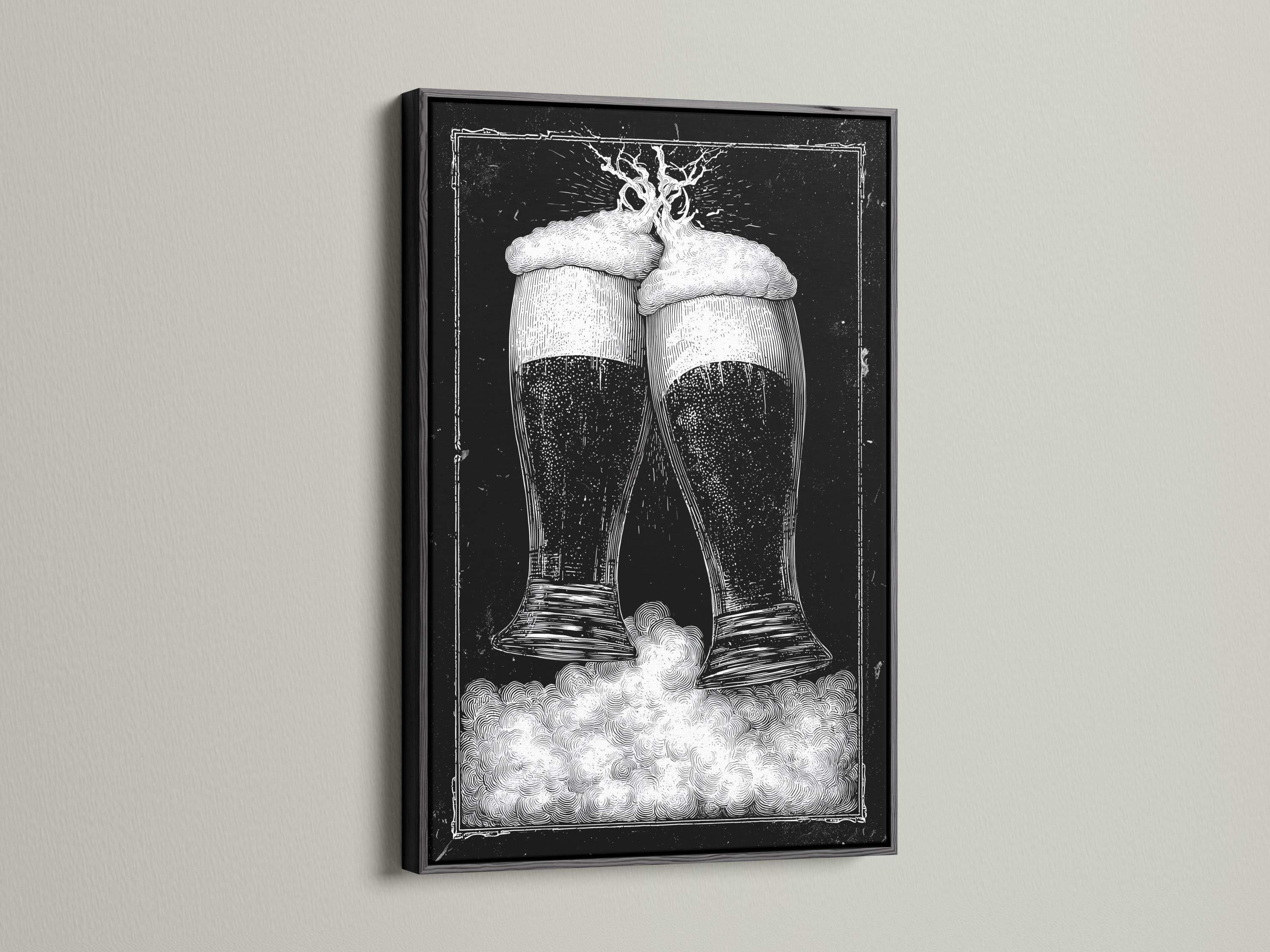 Monochrome illustration of two clinking beer glasses with foamy heads on a dark speckled background detail view