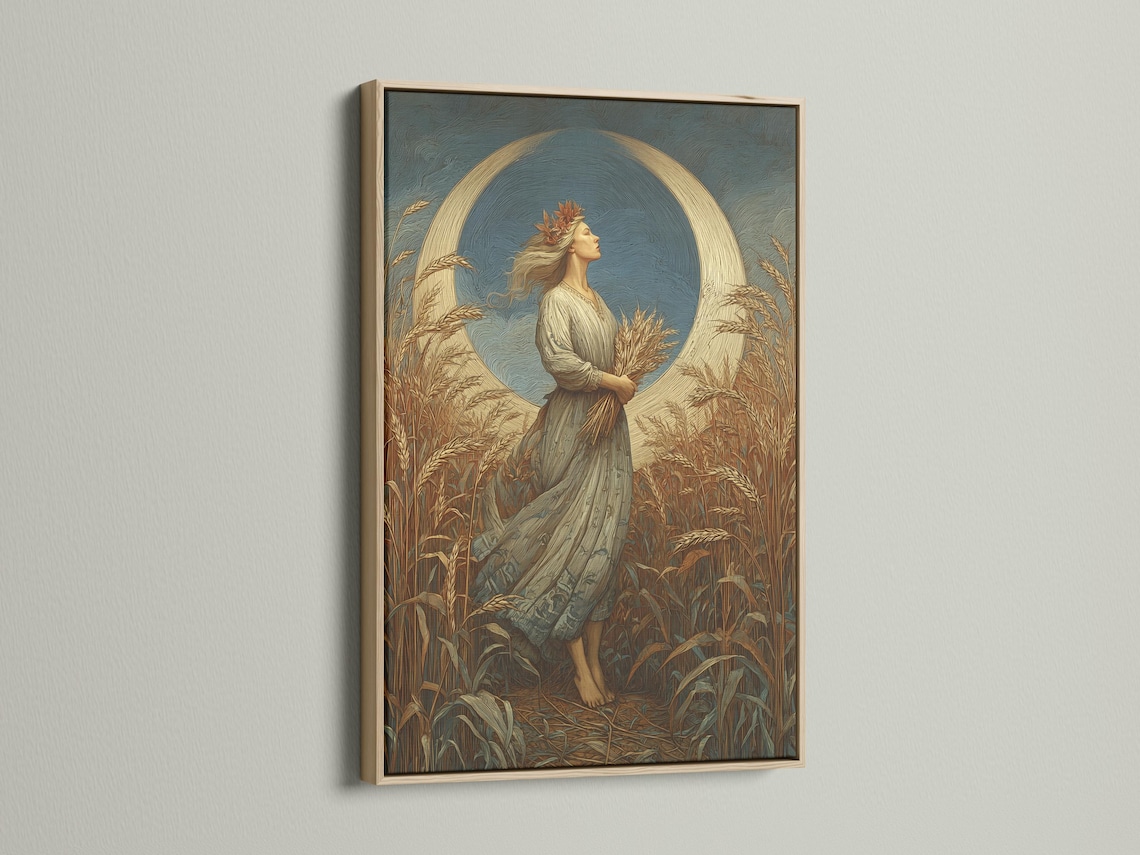 Stylised woman in profile standing in a wheat field with a large moon-like circle behind her detail view