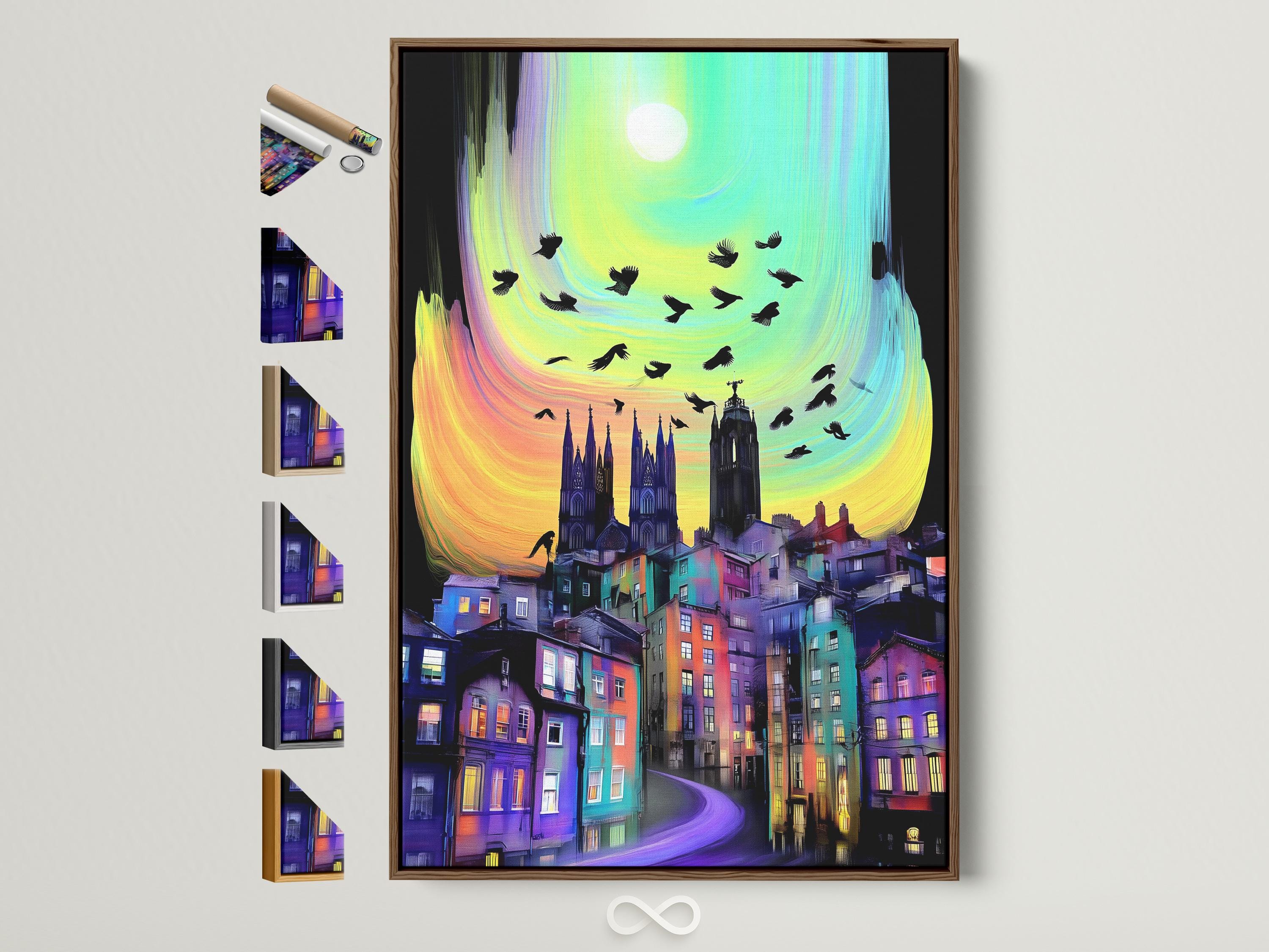 A colourful cityscape with gothic buildings sits beneath a bright stylised moon, while dark birds fly across a swirling sky detail view