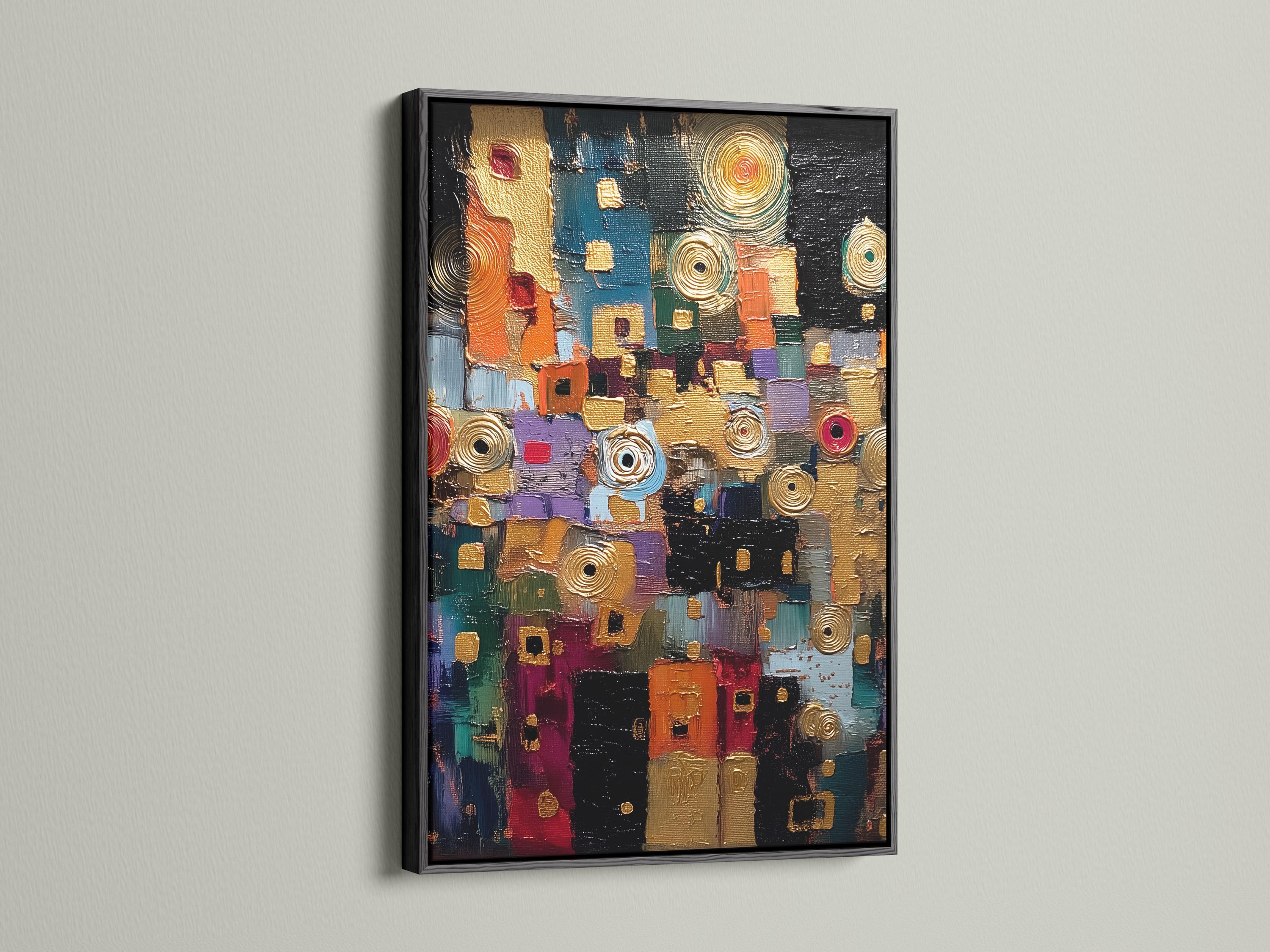 Abstract geometric artwork with gold spiral circles and colourful teal, red and purple blocks on a dark background detail view