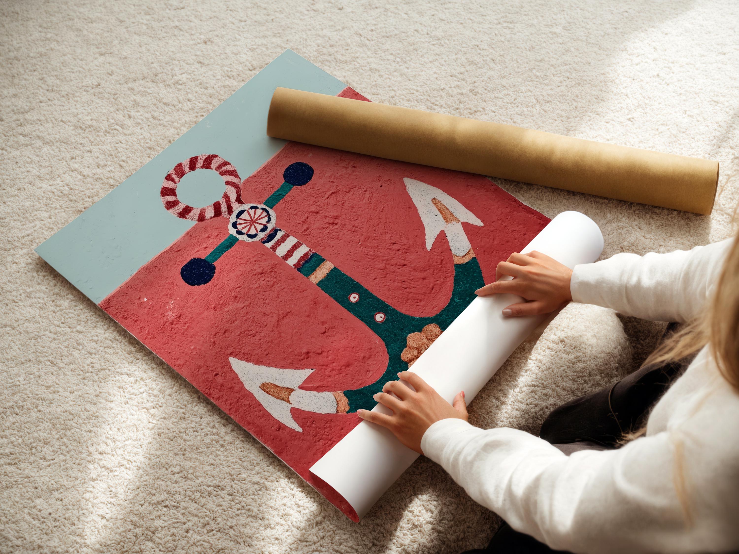 Illustrated nautical anchor with a red-and-white lifebuoy ring on a textured red background detail view