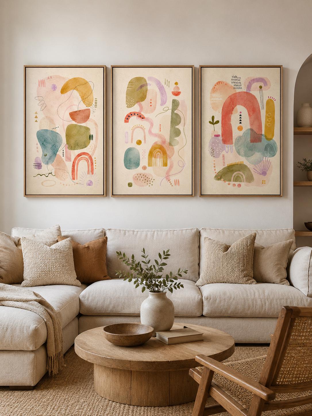 Three pastel abstract panels show organic geometric shapes, doodle-like lines and dots arranged in collage-style compositions within light cream