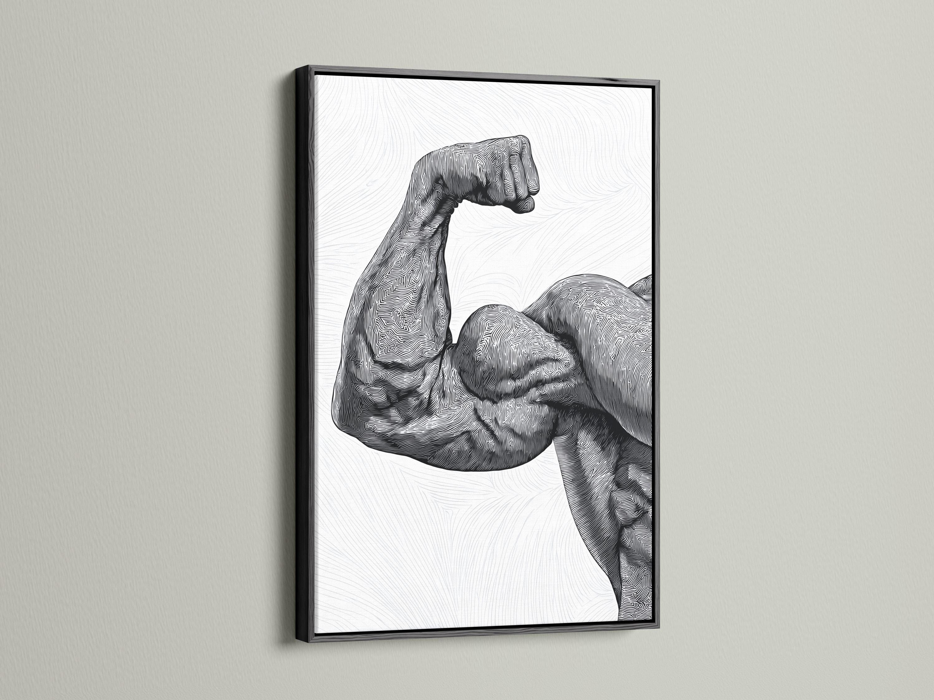 Black and white line art of a flexing muscle figure with dense contour lines detail view