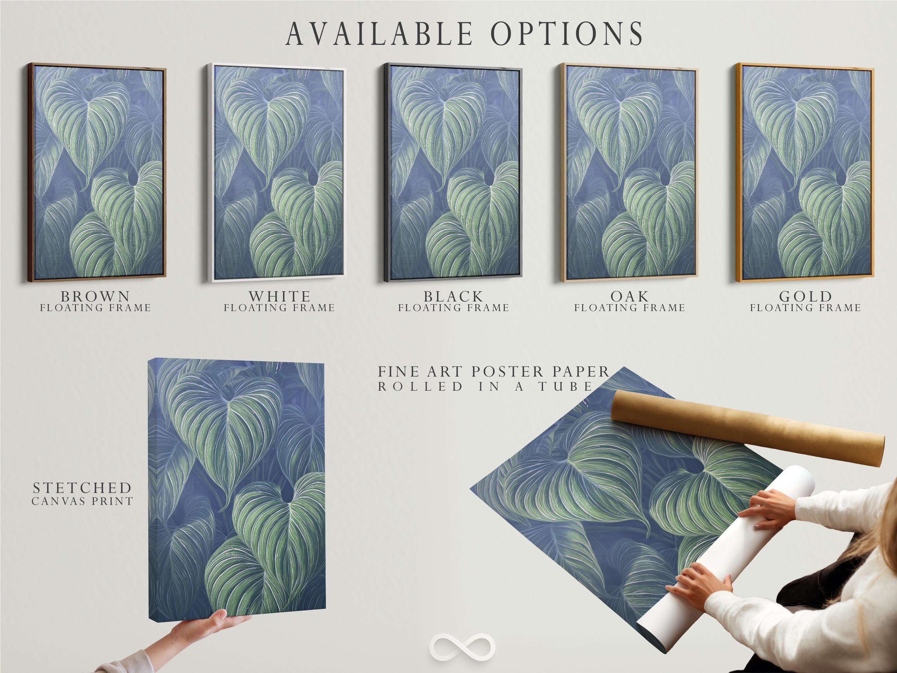 Mockup showing a framed botanical leaf artwork with mint green leaves on a navy-blue background