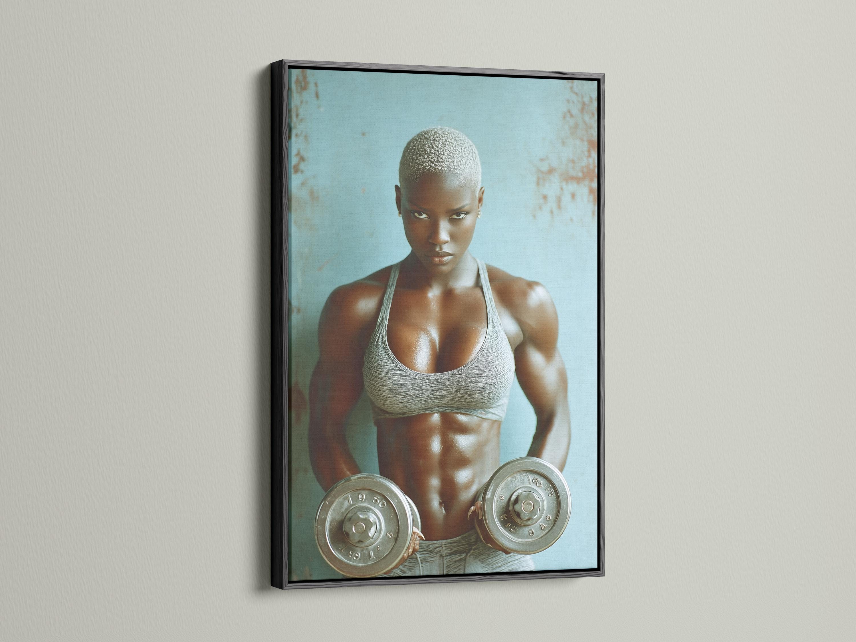 Room mockup showing a framed teal fitness portrait of an athletic woman holding weight plates