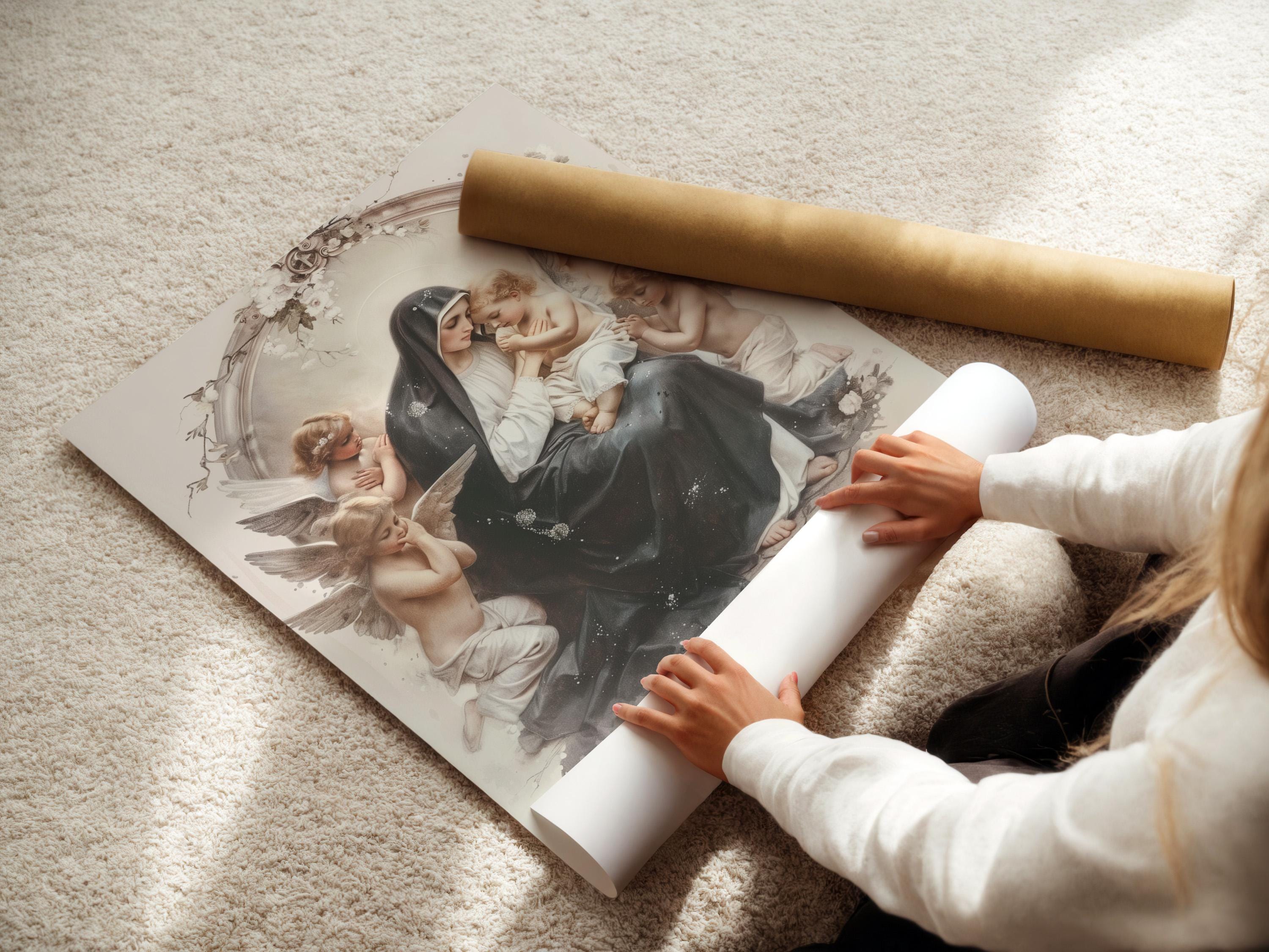 Madonna and Child religious artwork with winged cherubs and a floral arch in cream and grey tones detail view