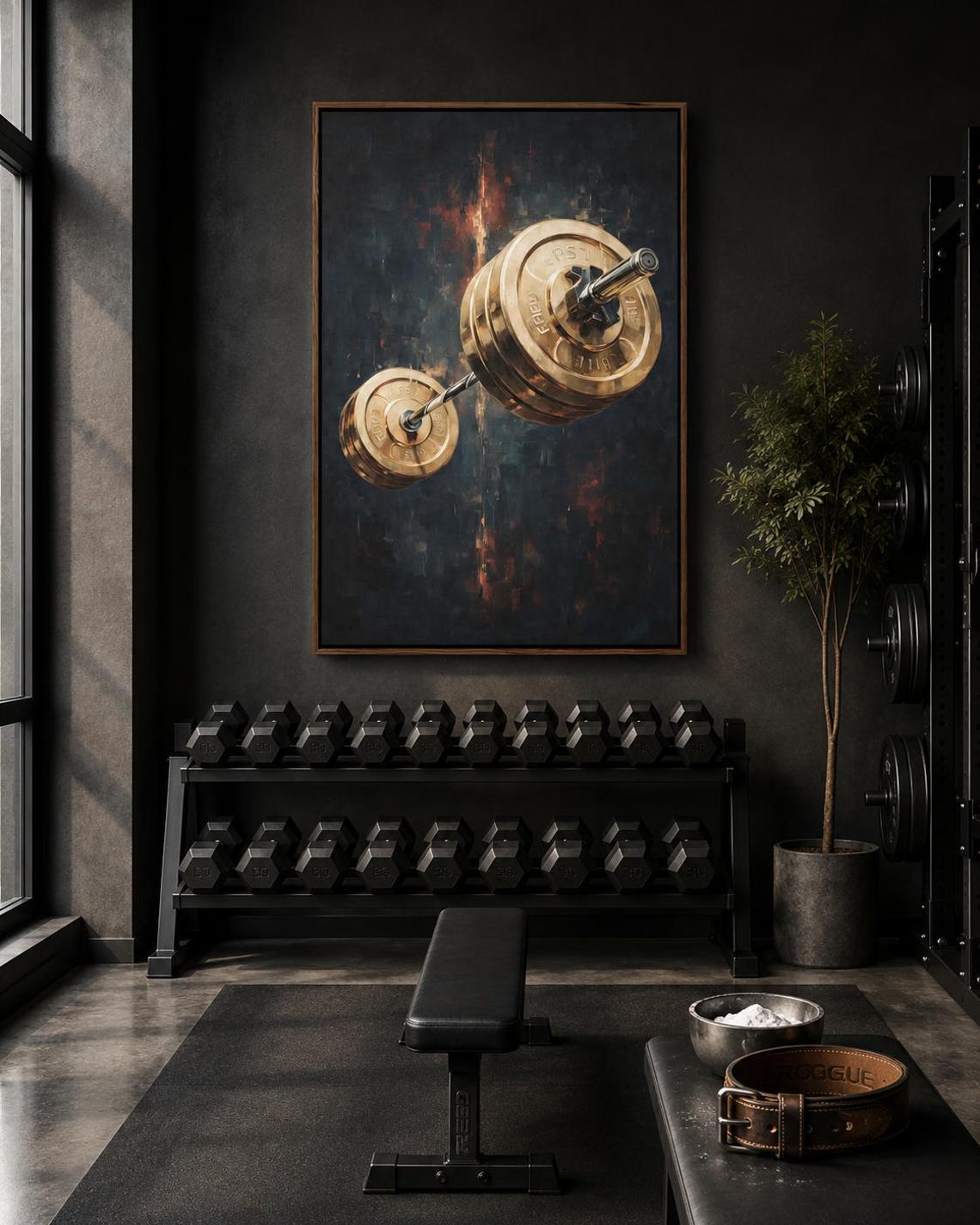 A man standing near a framed gold barbell artwork in a gym-like interior