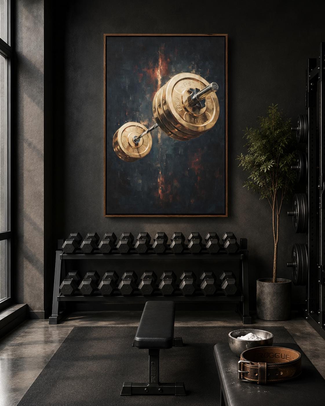 A man standing near a framed gold barbell artwork in a gym-like interior