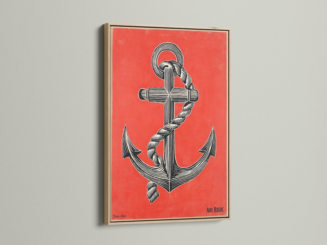 Coral red anchor illustration with black and cream rope-like stripes and ring details detail view