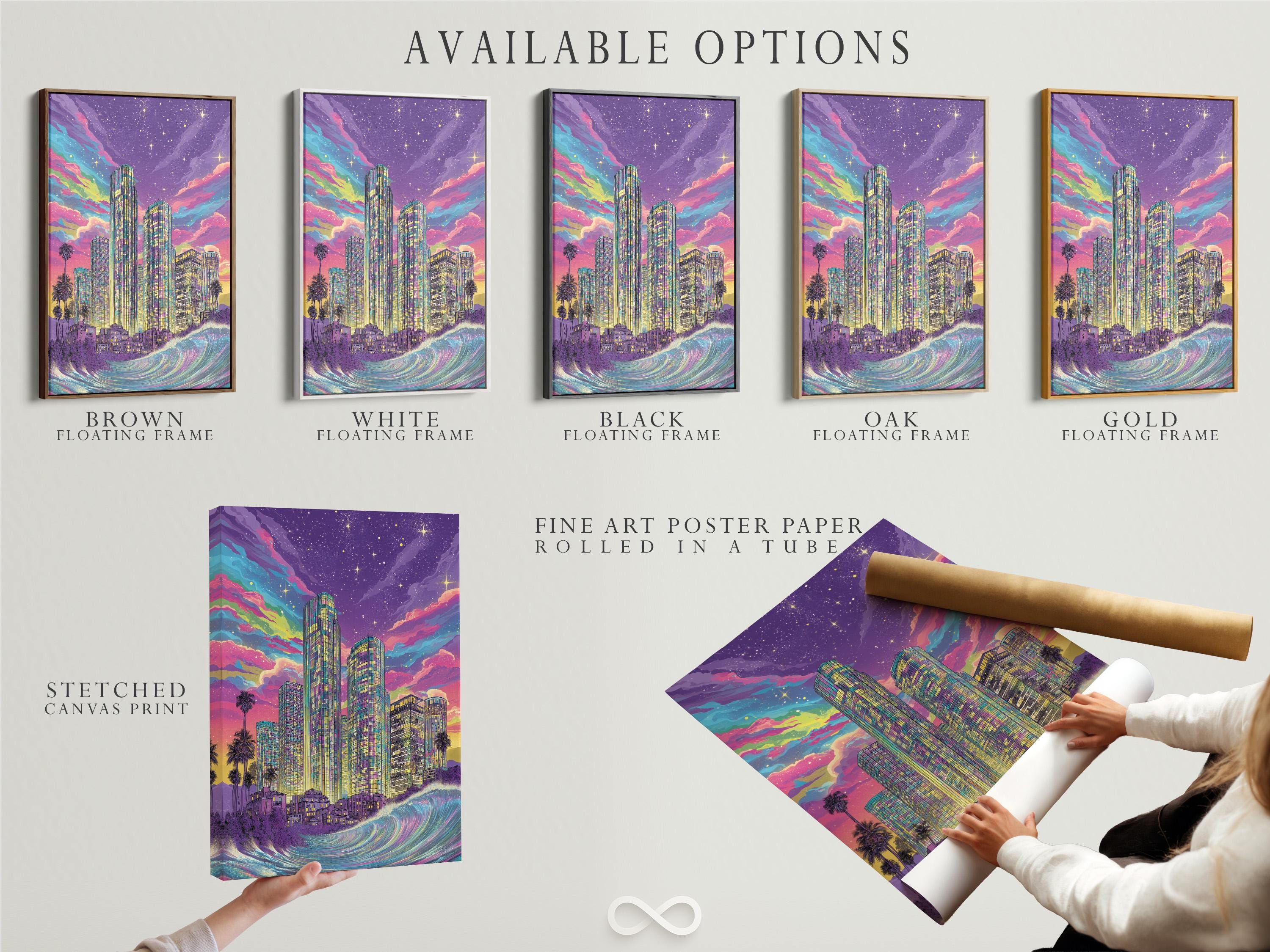 Retro neon city skyline with tall skyscrapers, ocean waves, starry purple sky and palm silhouettes detail view