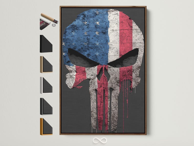 Distressed skull artwork with a blue, white and red flag pattern and red drips