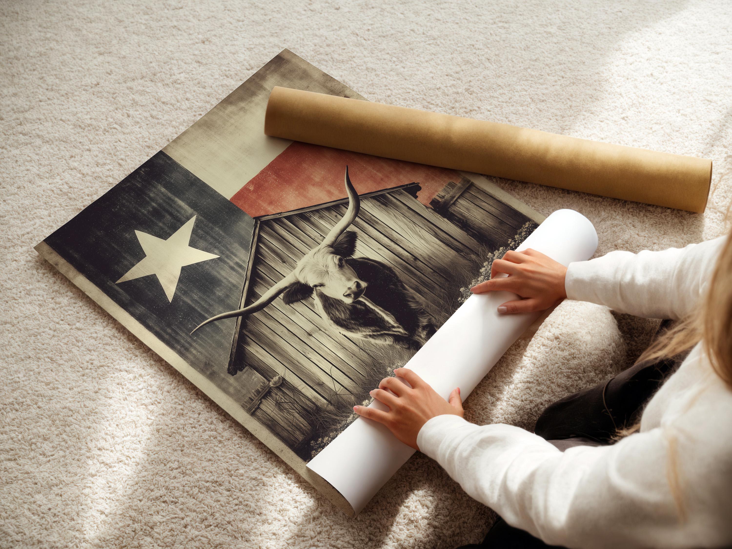 Longhorn steer illustration beneath a barn silhouette and a five-point star on a distressed sepia and charcoal background detail view