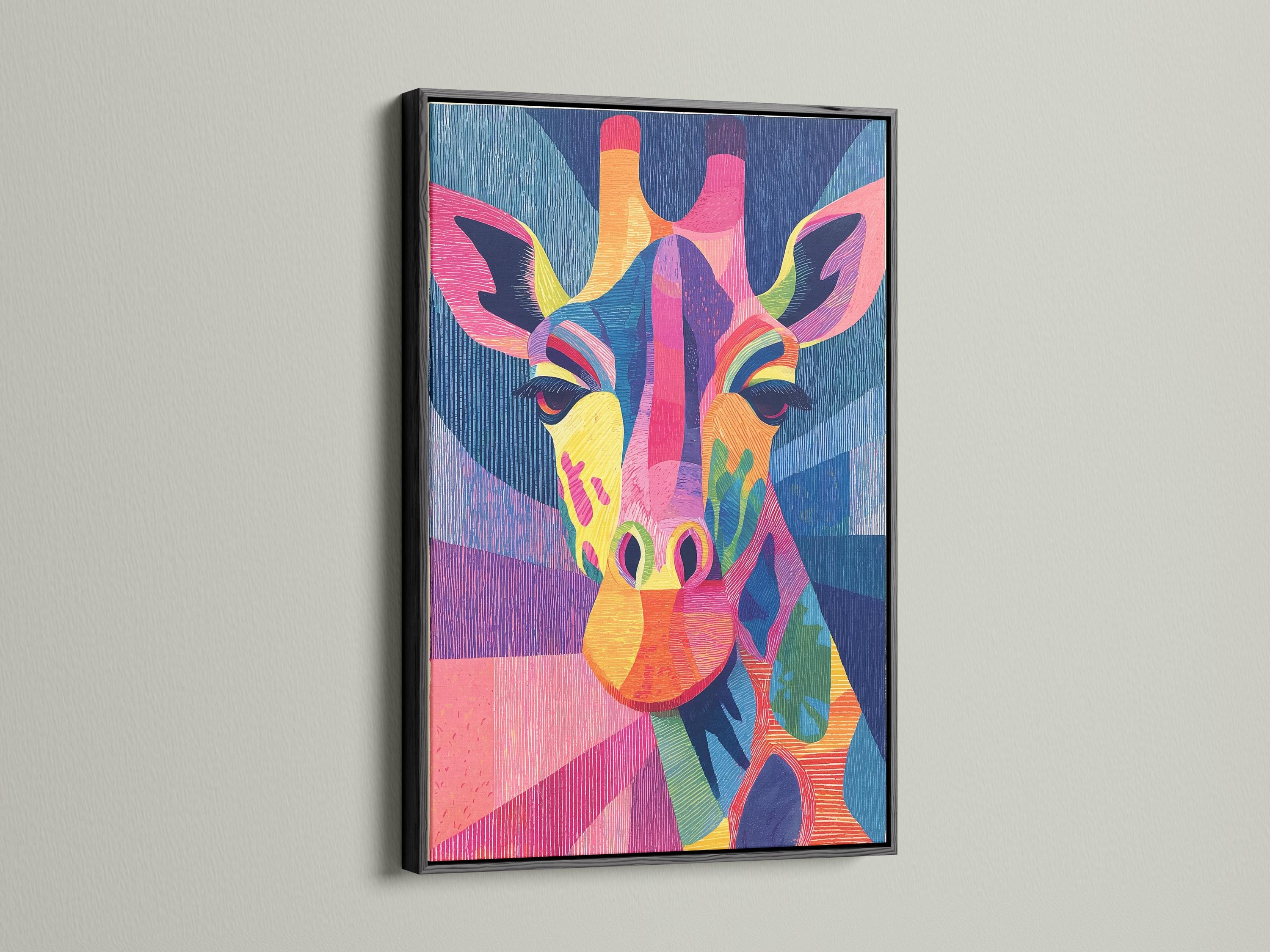 Stylised rainbow giraffe portrait with textured blue, pink and purple geometric background detail view