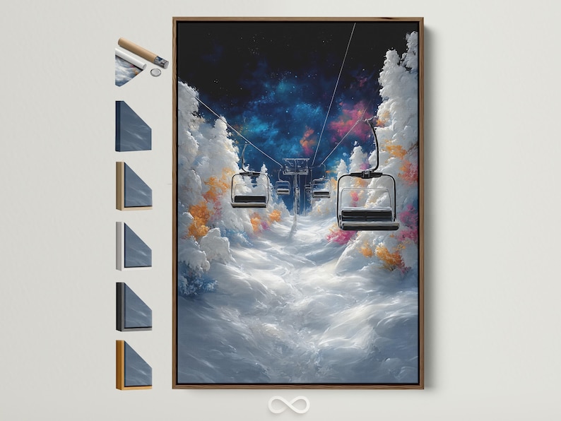 Framed ski lift scene with snowy mountains, chairlift cars and a glowing blue and pink night sky
