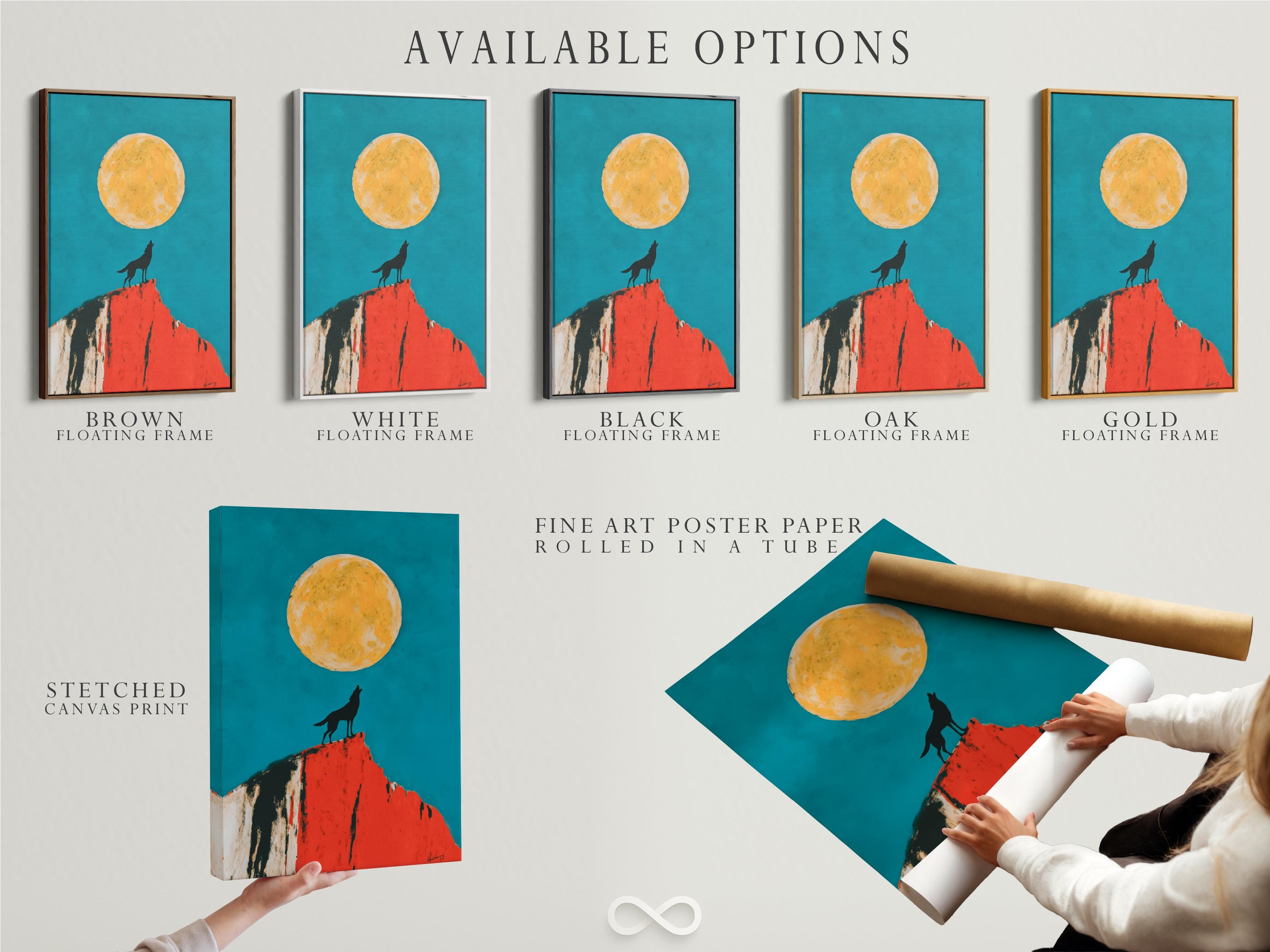 Mockup showing framed wolf moon artwork with a teal background, wolf silhouette and red cliff