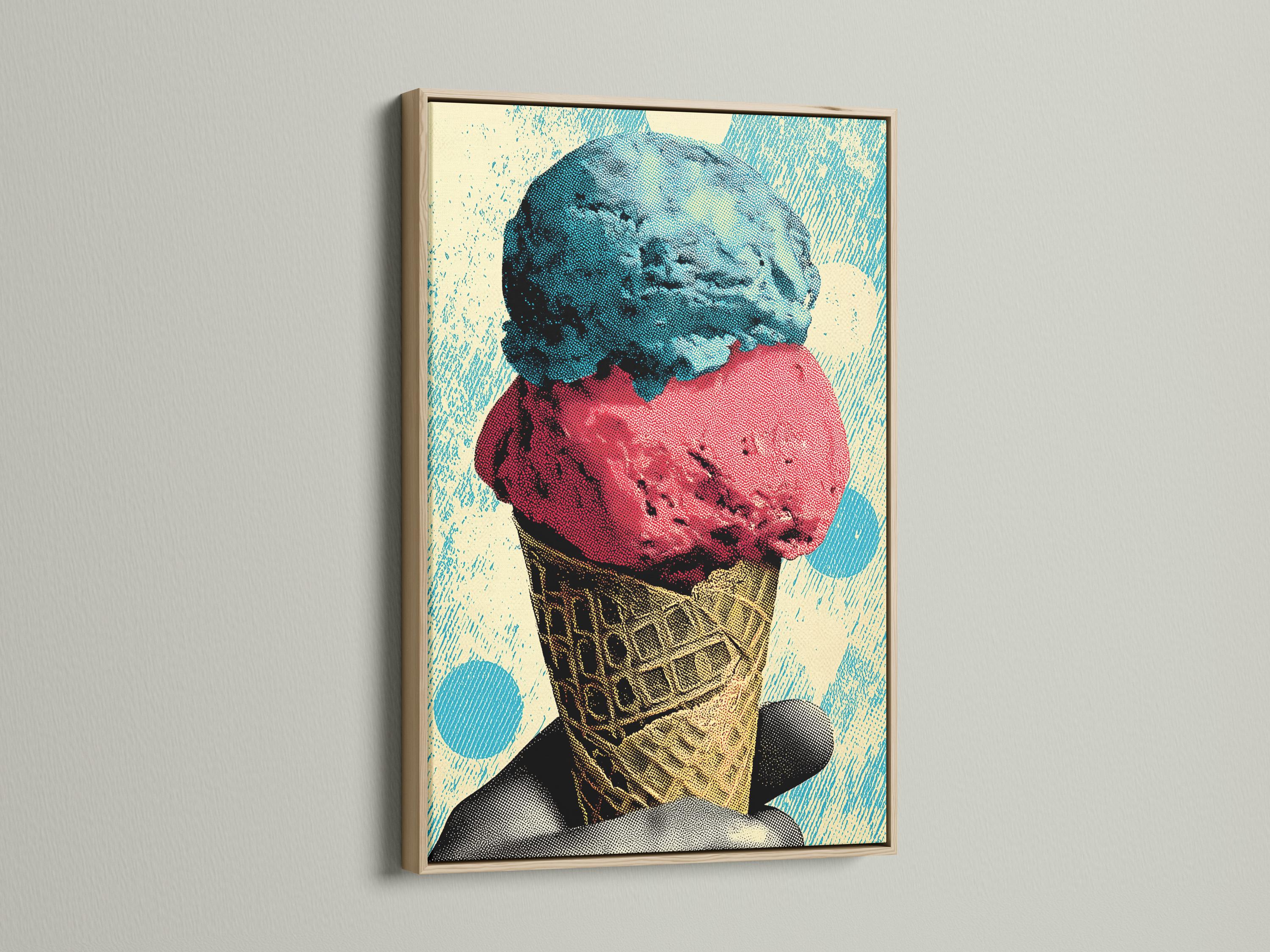 Pop-art ice cream cone illustration with turquoise and coral scoops and a patterned cone detail view