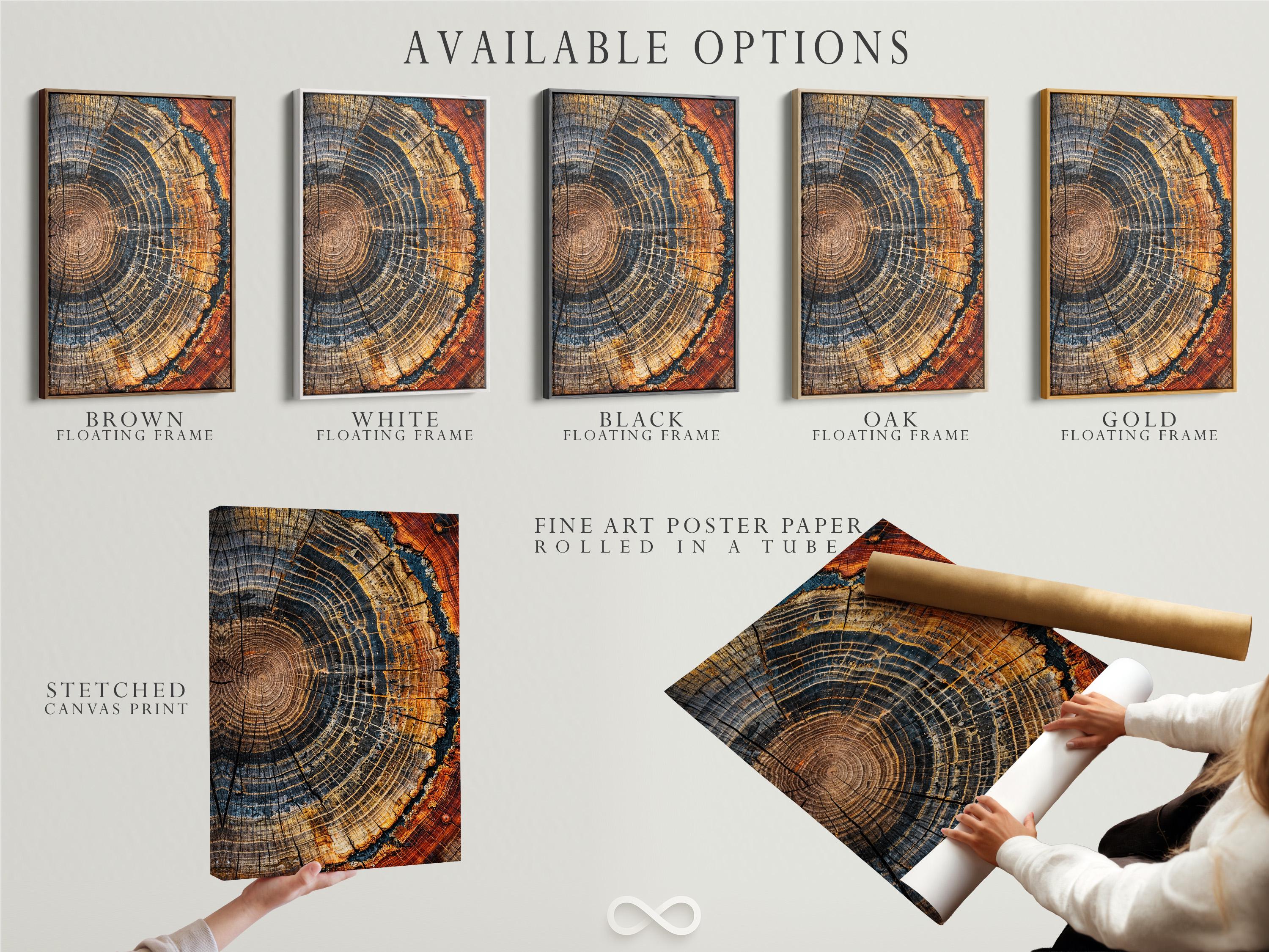Bedroom mockup showing two framed tree ring artworks above a bed