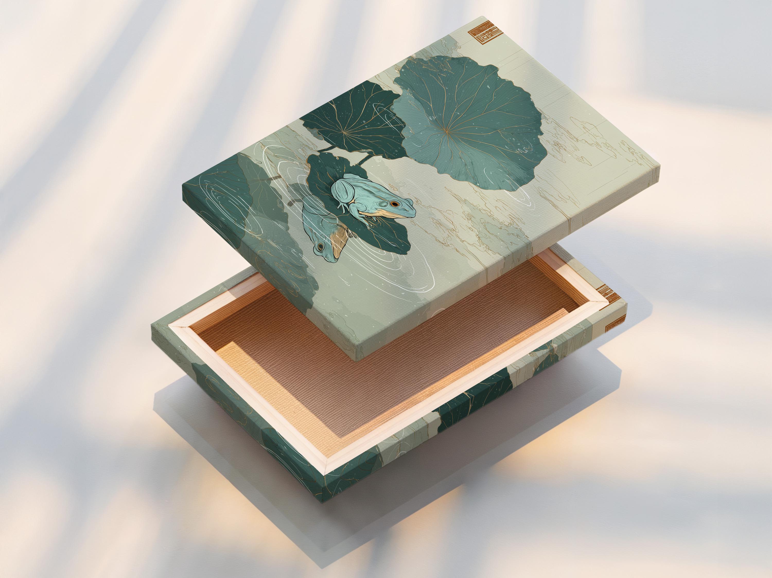 Framed pond illustration with lily pads and two frogs on a wall mockup