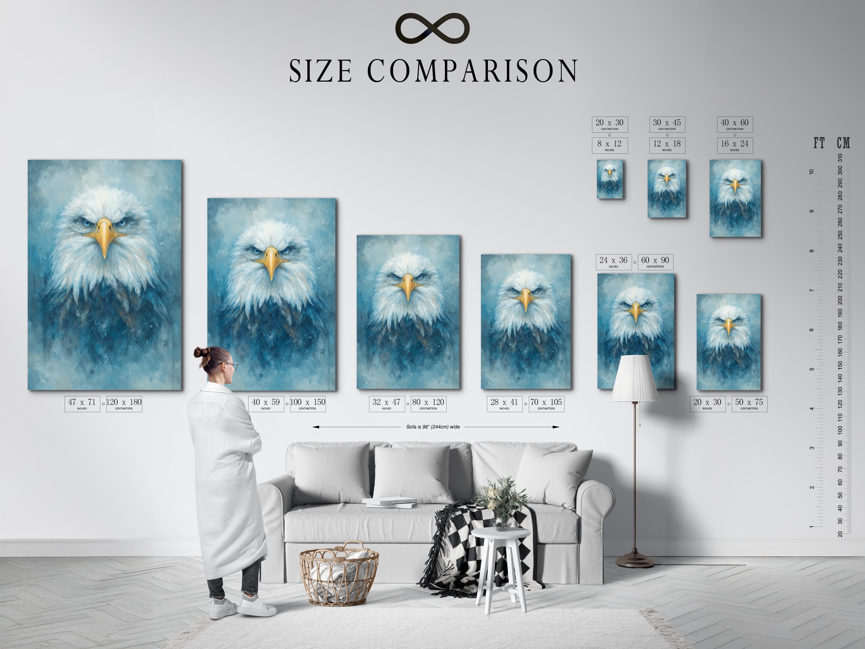 Blue and gold eagle portrait with radiating feathers on a textured teal background detail view