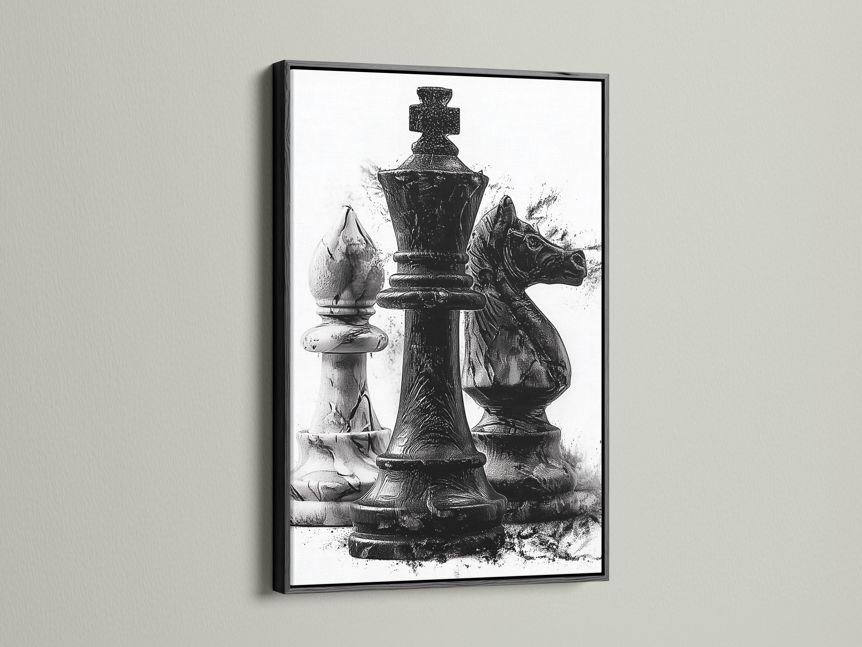 Monochrome chess artwork featuring a black king-like figure with distressed ink-splatter texture detail view