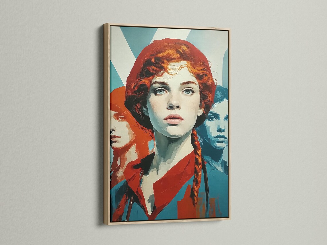 Retro pop-art portrait of a red-haired woman with teal and orange colour blocks detail view