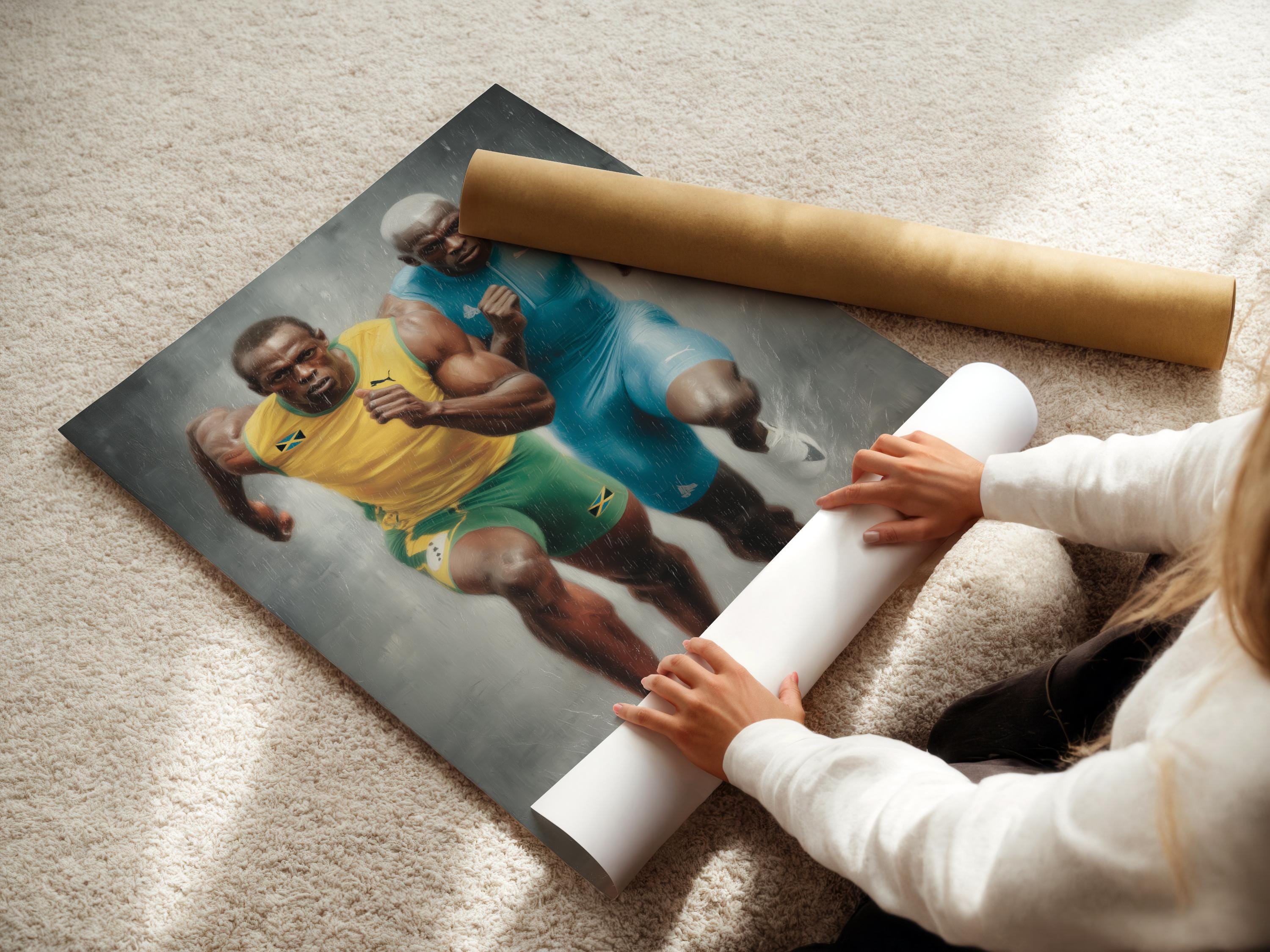 Room mockup showing a framed artwork of two sprinters in blue and yellow running toward the viewer