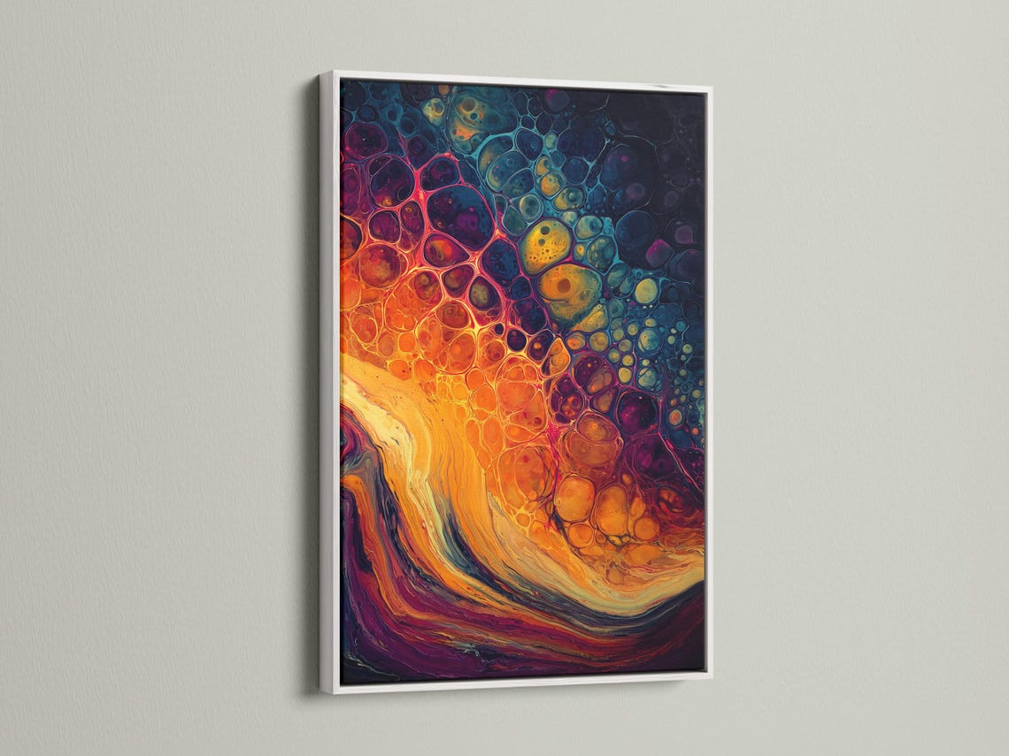 Abstract fluid artwork with orange and teal swirls and bubble-like circles detail view