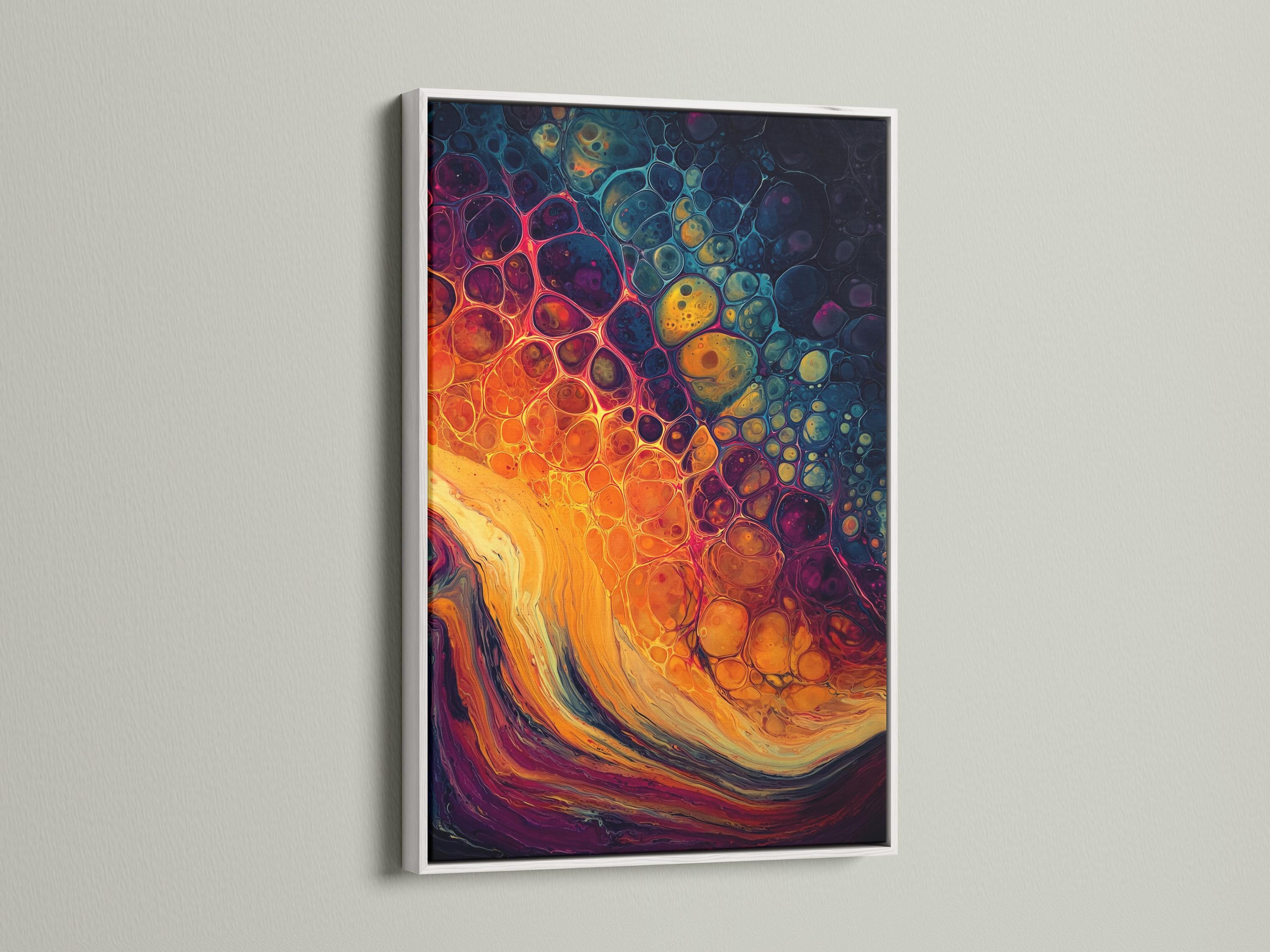 Abstract fluid artwork with orange and teal swirls and bubble-like circles detail view