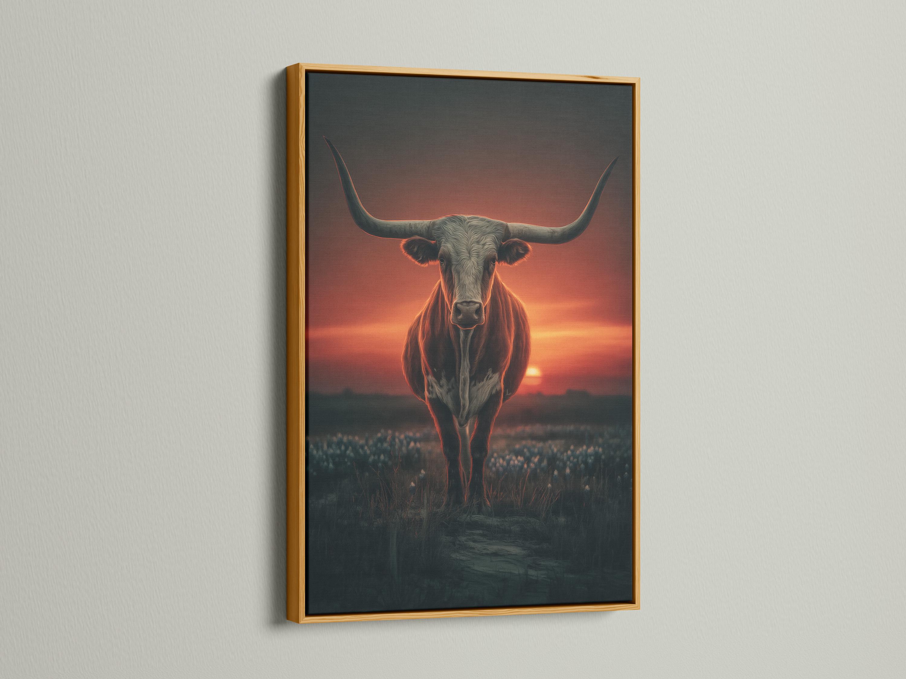 Room mockup showing a framed longhorn bull artwork with a sunset background