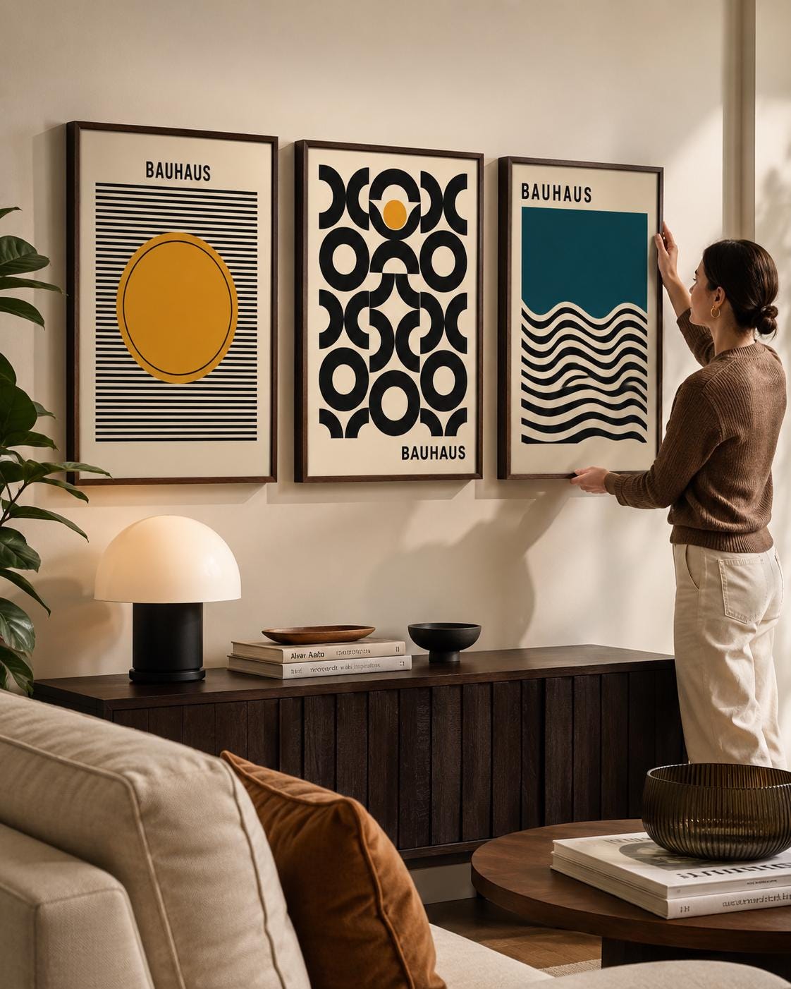 Three-panel geometric Bauhaus-style artwork with black stripes, circles and wavy teal lines detail view