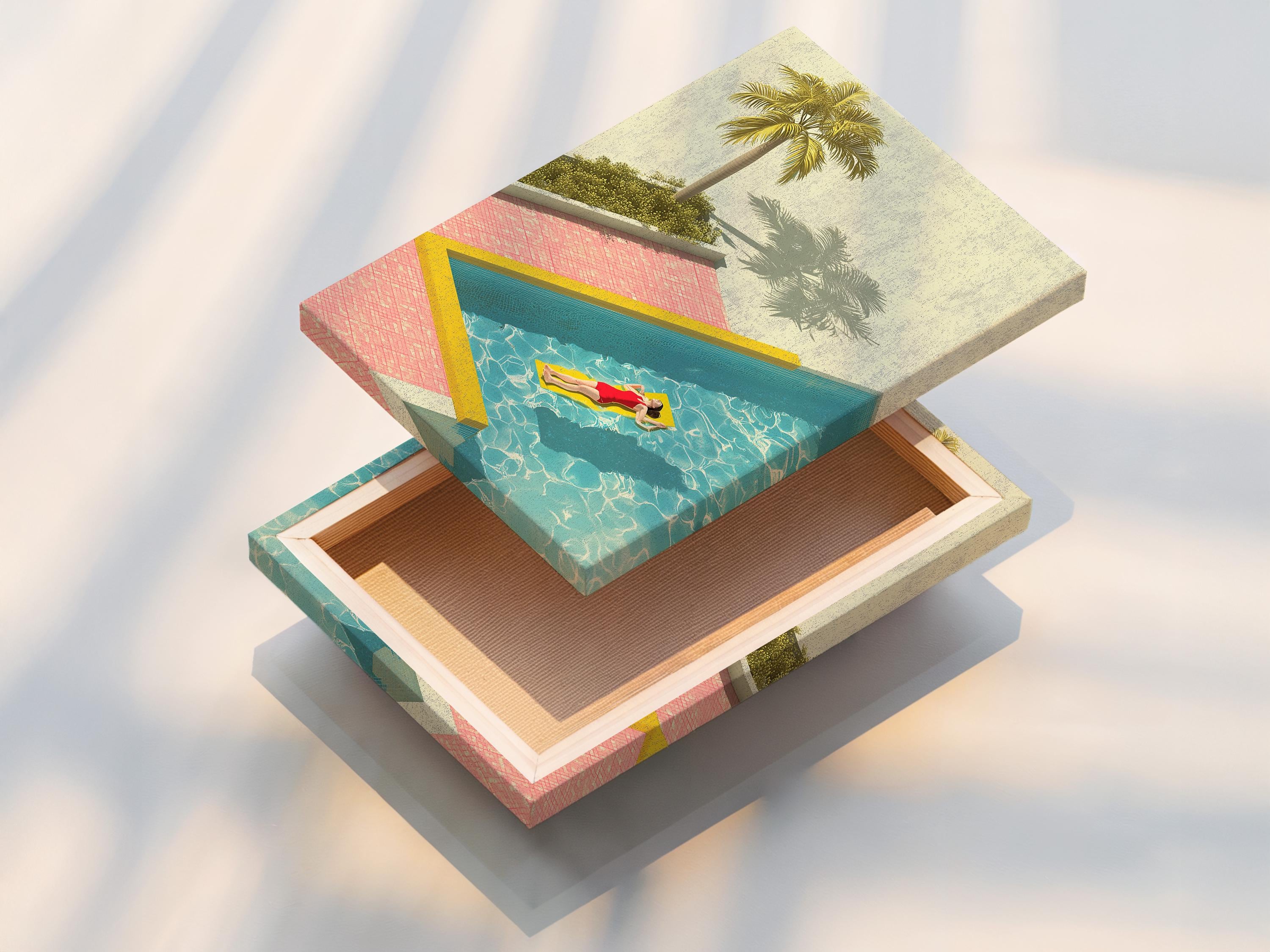 Retro poolside illustration with a tall palm tree, turquoise water, pink tiles, and a person relaxing on a float detail view