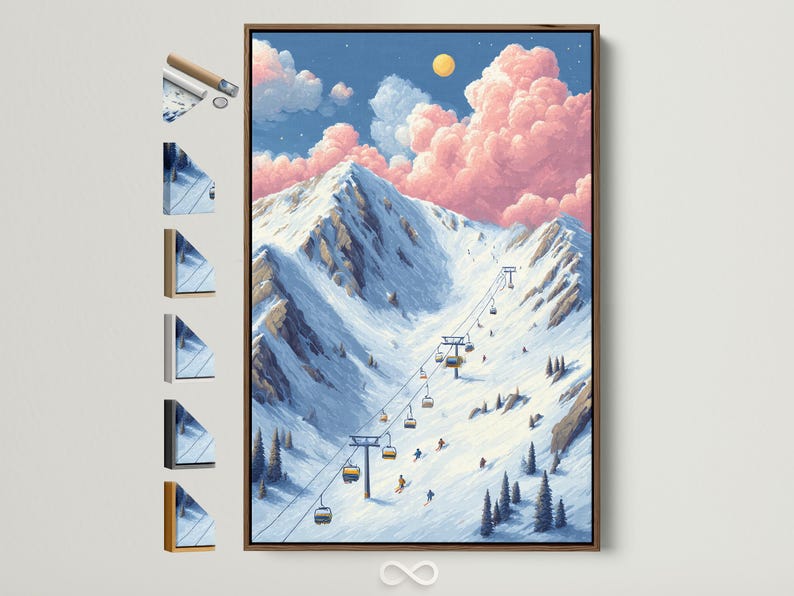 Winter mountain ski resort illustration with a diagonal chairlift, gondolas, skiers, snowy slopes and pink clouds