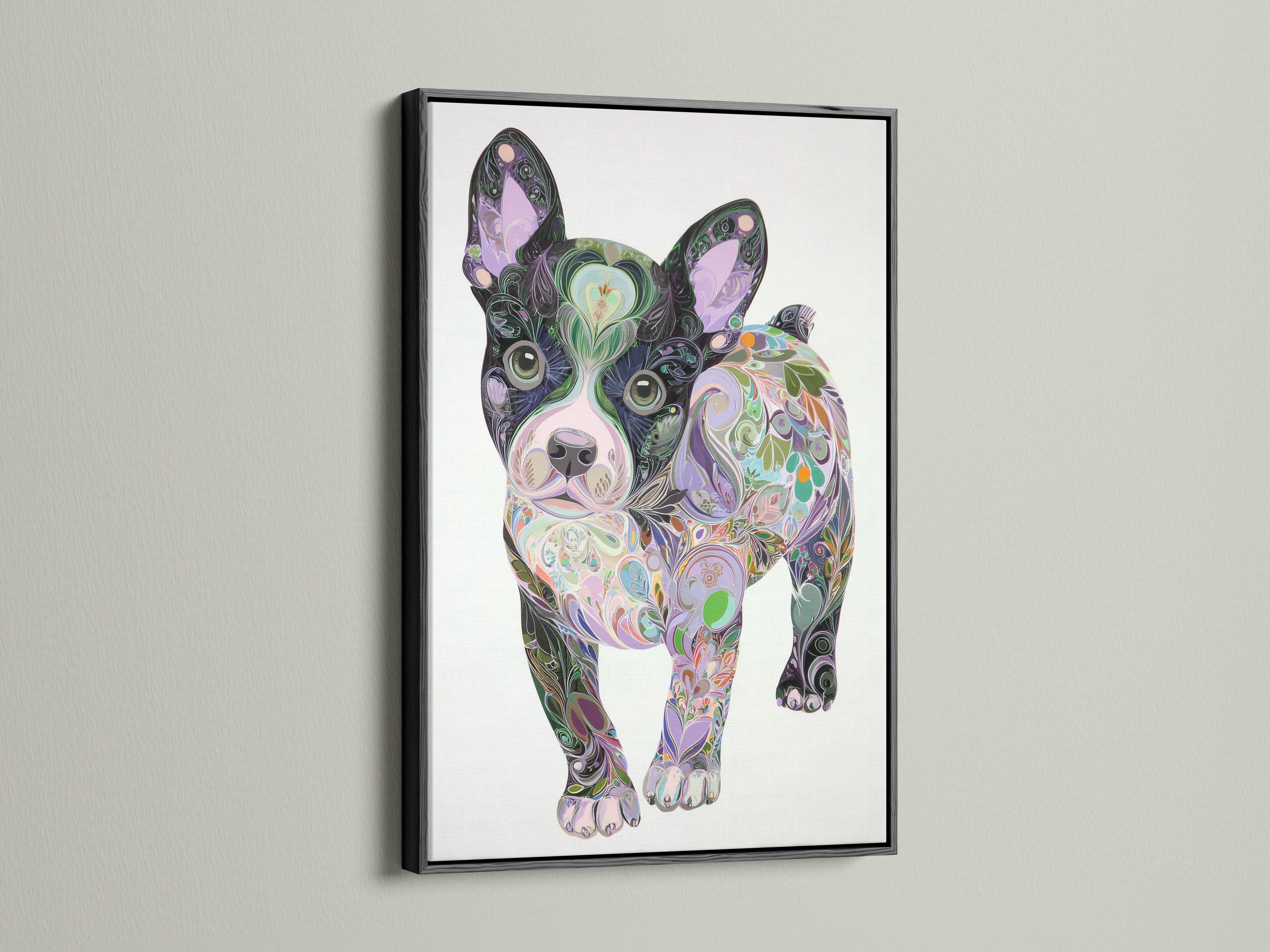 Stylised dog portrait filled with swirling floral patterns in purple, green and pink on a light background detail view